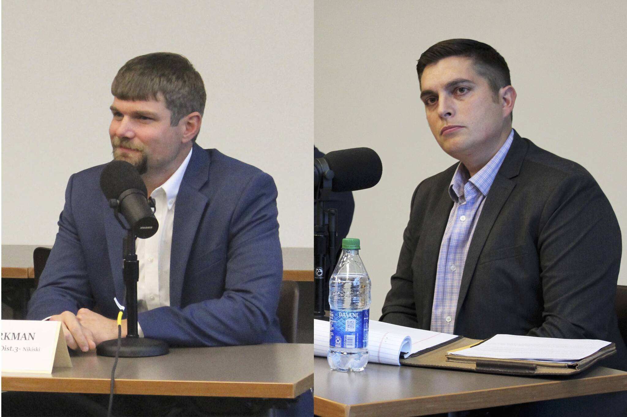 Jesse Bjorkman, left, and Justin Ruffridge take part in forums organized by the Peninsula Clarion and KDLL ahead of the November 2022 election. Bjorkman and Ruffridge won seats in the Alaska State Senate and Alaska State House of Representatives, respectively, and are slated to begin work in Juneau on Tuesday, Jan. 17, 2023. (Composite photo)