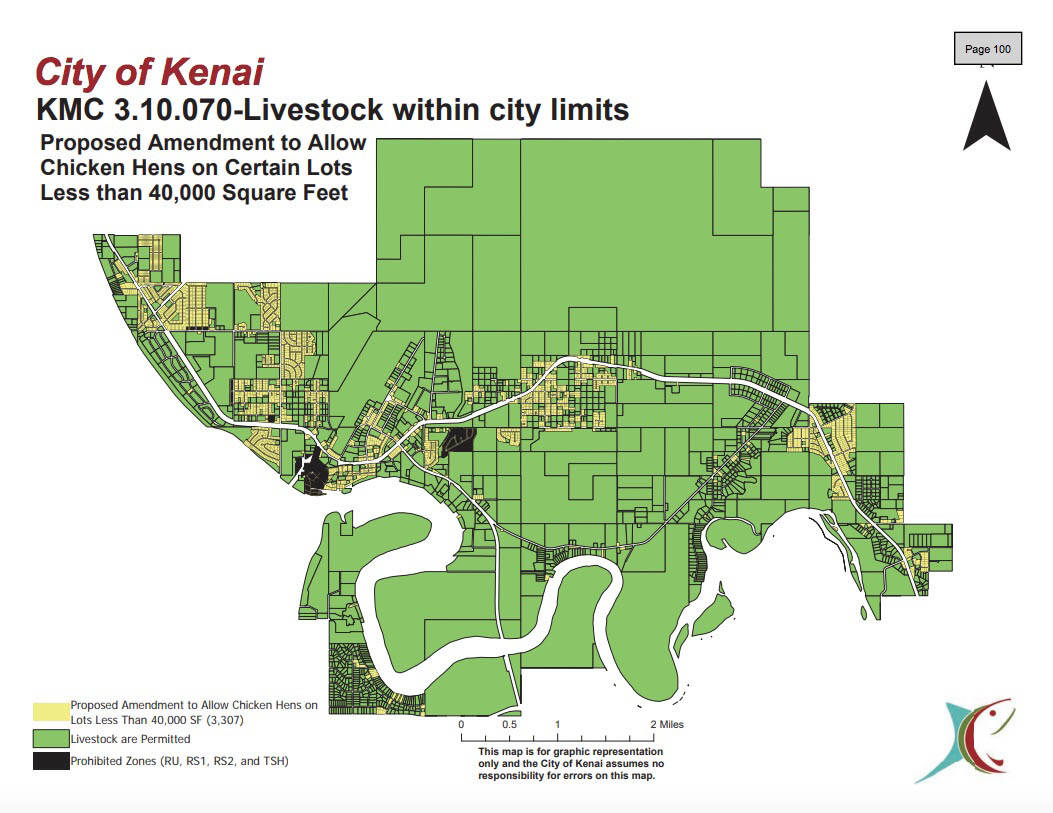 A map shows areas in the City of Kenai, that would allow chicken hens on lots less than 40,000 square feet under an ordinance proposed by the Kenai City Council. (map via City of Kenai)