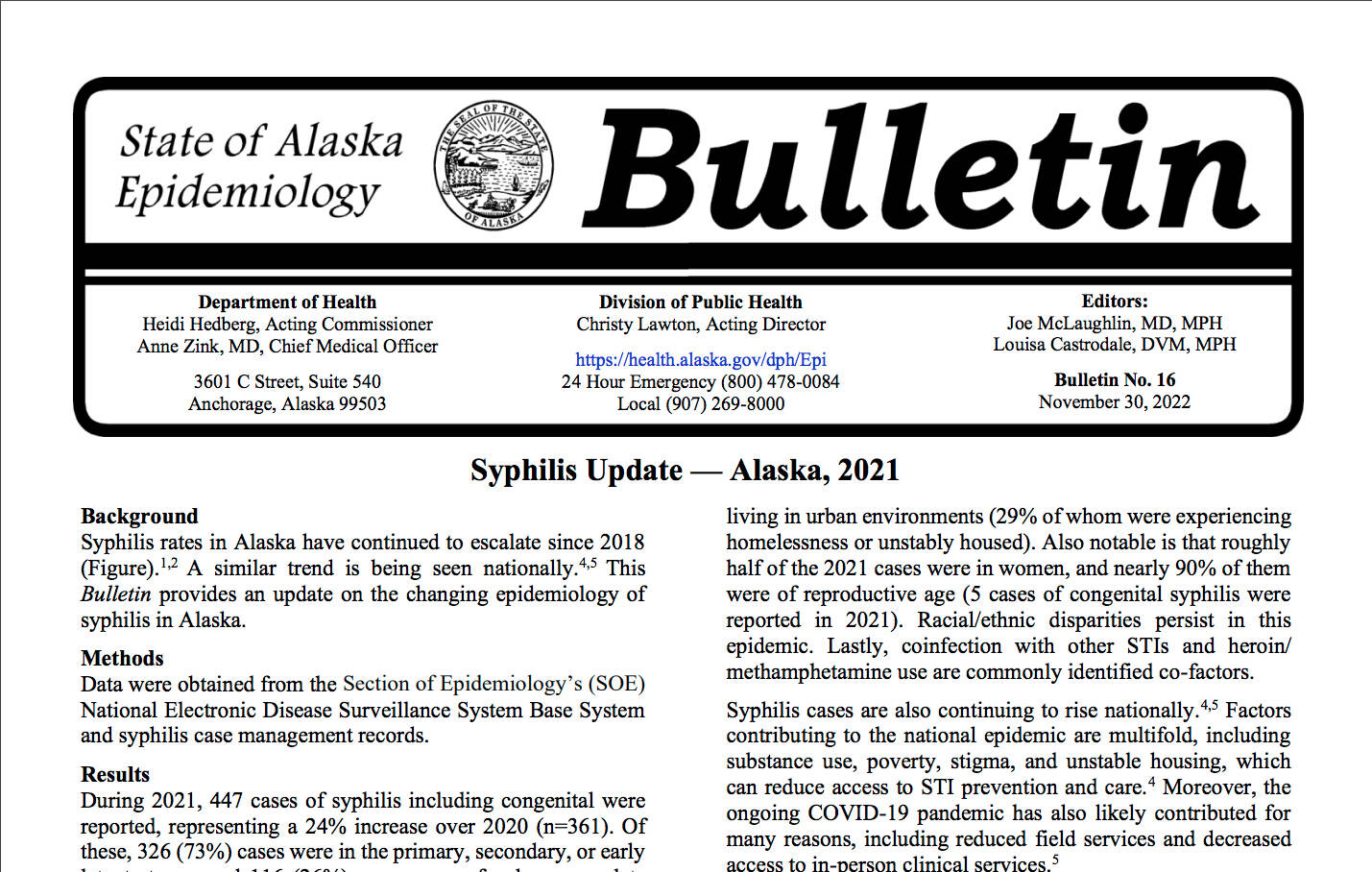 The State of Alaska Epidemiology Bulletin that includes “Syphilis Update — Alaska, 2021.” (Screenshot)