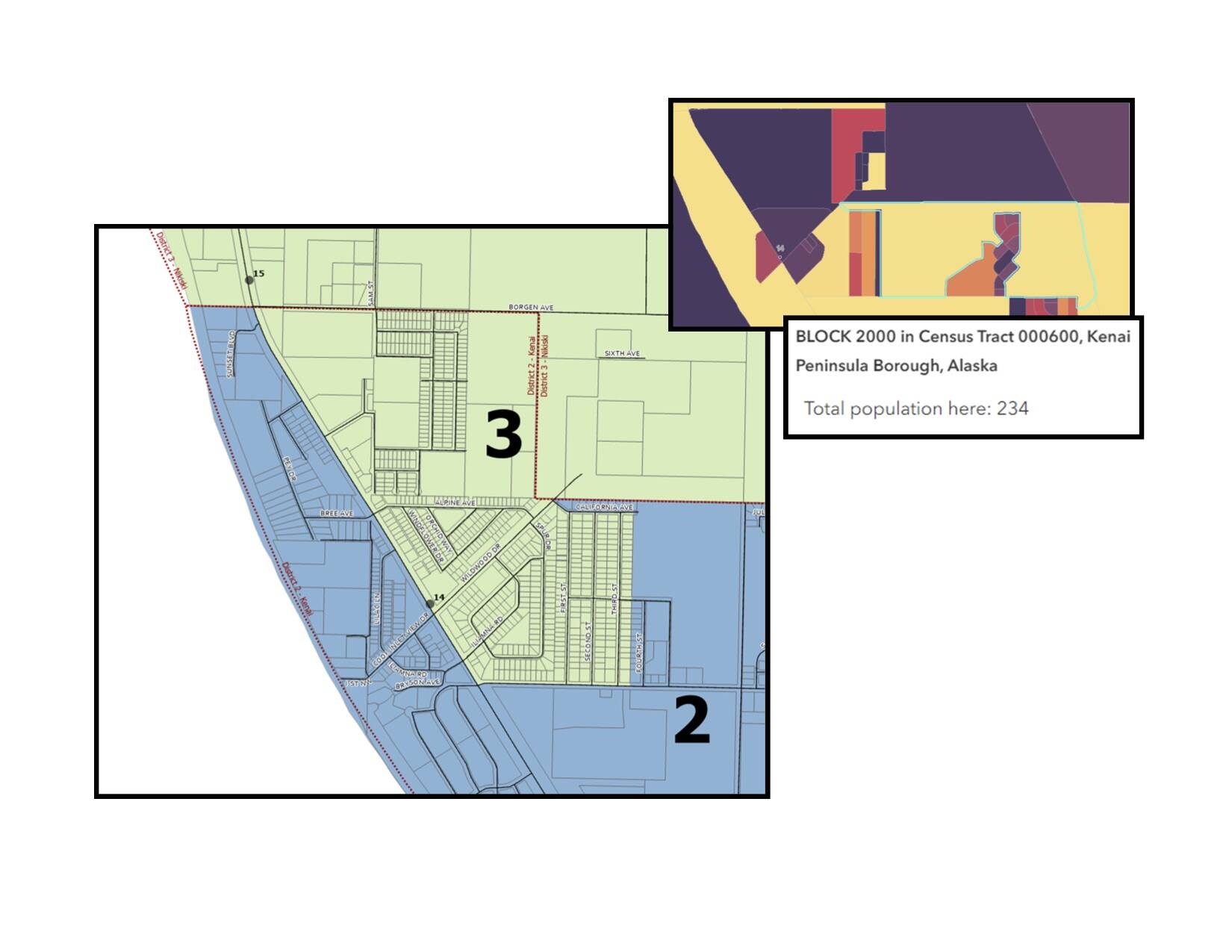 Map showing the proposed boundary changes for Kenai Peninsula Borough districts 2 and 3. (Map via Kenai Peninsula Borough)