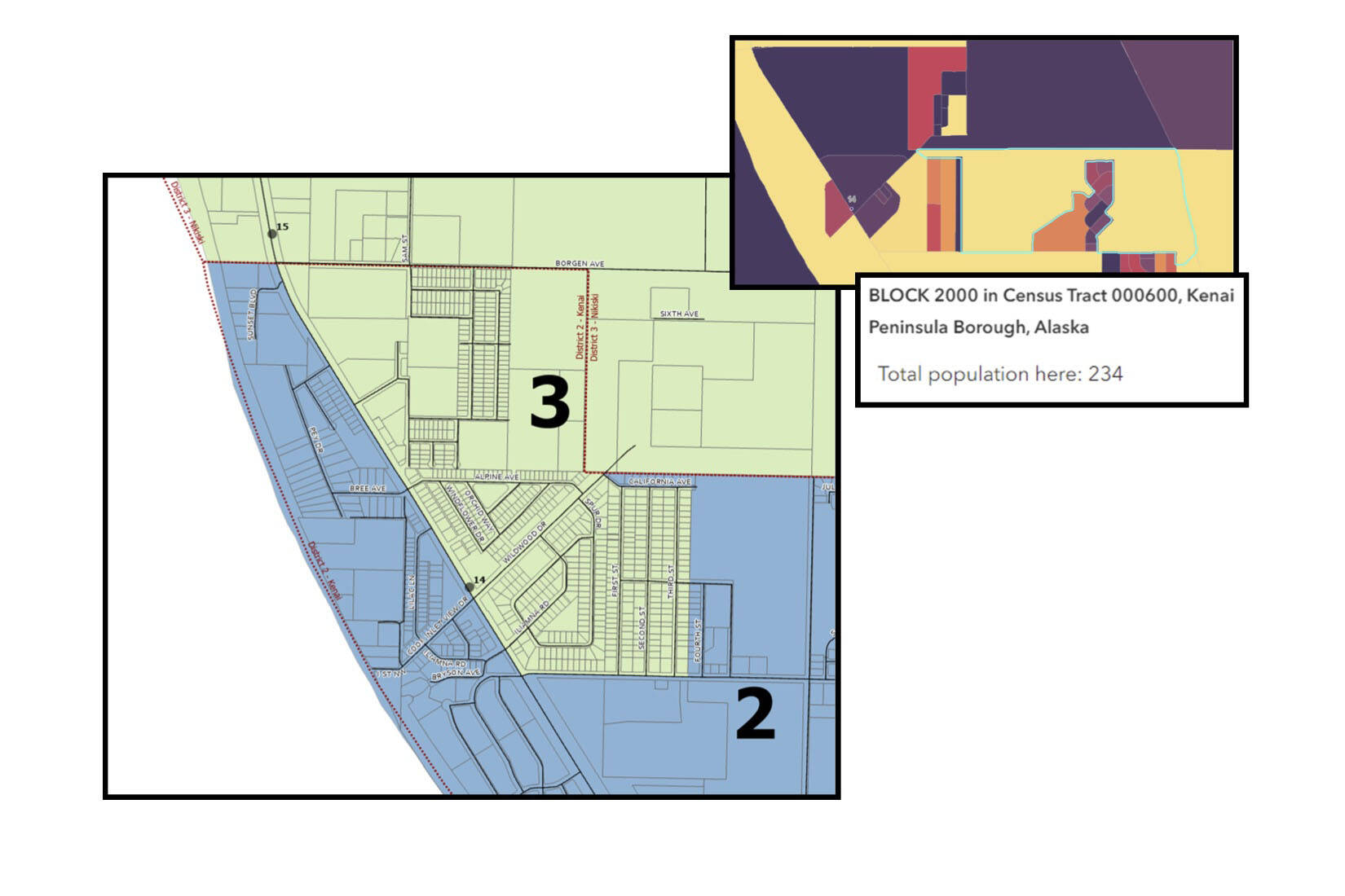 Map showing the proposed boundary changes for Kenai Peninsula Borough districts 2 and 3. (Map via Kenai Peninsula Borough)