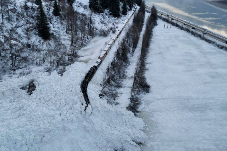 A train derailed by a large natural avalanche near Kern Creek is covered snow, Jan. 1, 2023, in Girdwood, Alaska. (Photo via Chugach Avalanche Center/Travis Smith) , 1.17.23.