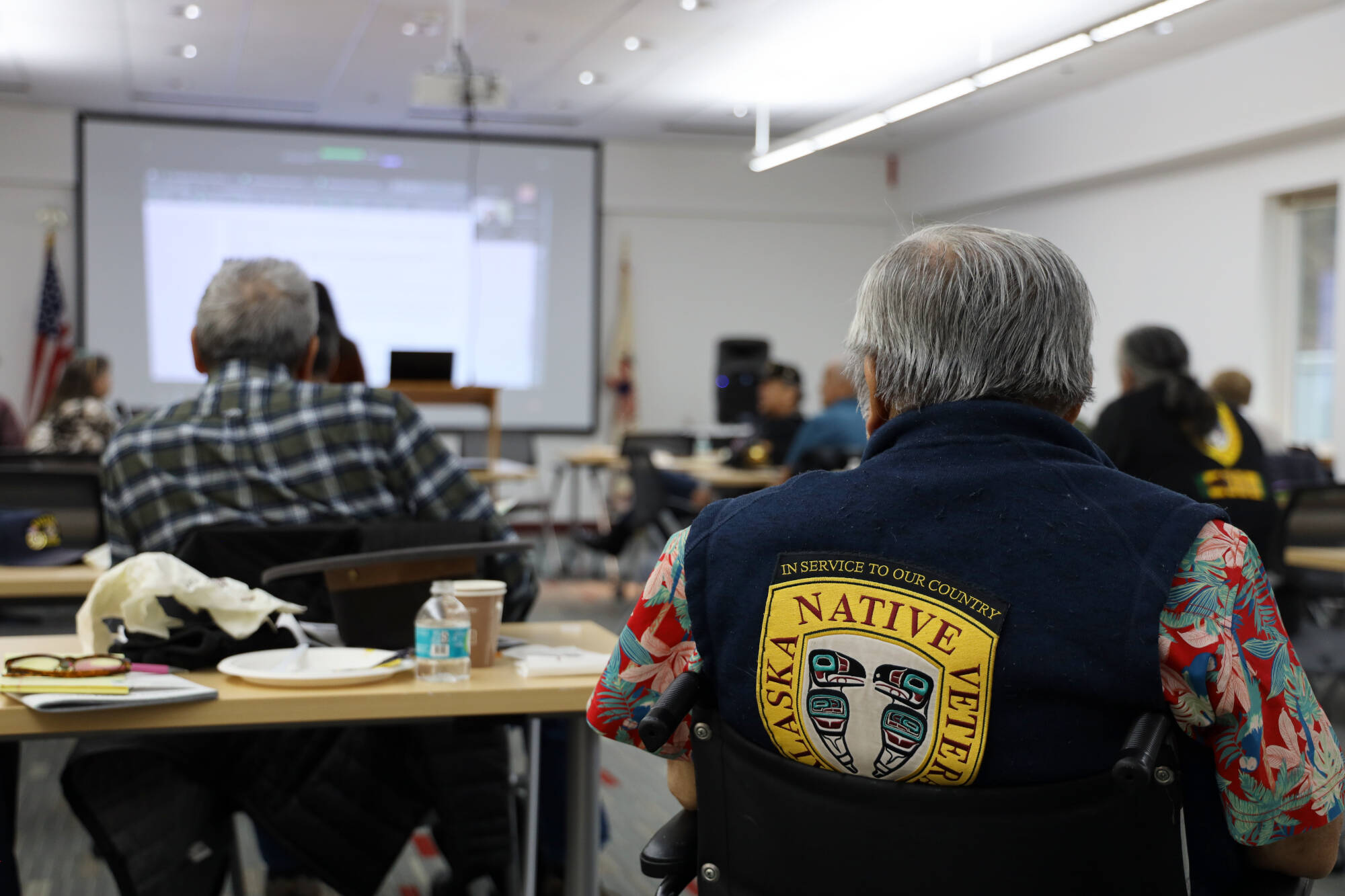 Clarise Larson / Juneau Empire
Arsenio “Pastor” Credo and other Alaska Native veterans listen to a presentation Thursday afternoon on how to apply for up to 160 acres of the more than 27 million acres of public land available to Alaska Native veterans who were unable to apply for their acres of in-state land due to serving during the Vietnam War.