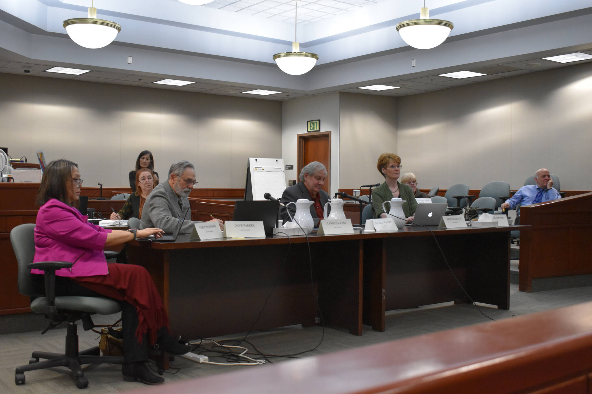 The Alaska Judicial Council listens to public testimony during the public hearing held as part of the selection process for a new Kenai Superior Court Judge on Monday, Jan. 23, 2023, at the Kenai Courthouse in Kenai, Alaska. Members include (from left to right) Geraldine Simon, Lynne Gallant, Dave Parker, Chief Justice Daniel E. Winfree, Kristie Babcock, Patricia A. Collins and Jonathon Katcher. (Jake Dye/Peninsula Clarion)