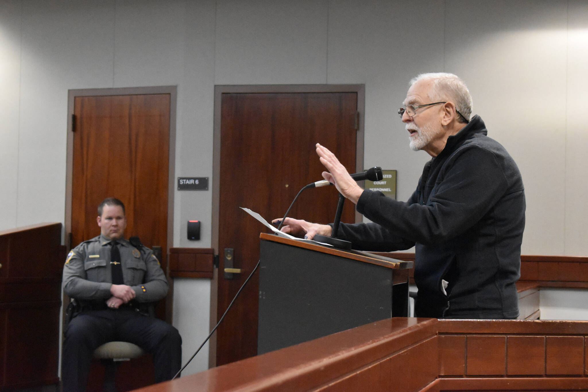 Ray Southwell speaks during the public hearing held as part of the selection process for a new Kenai Superior Court Judge on Monday, Jan. 23, 2023, at the Kenai Courthouse in Kenai, Alaska. (Jake Dye/Peninsula Clarion)