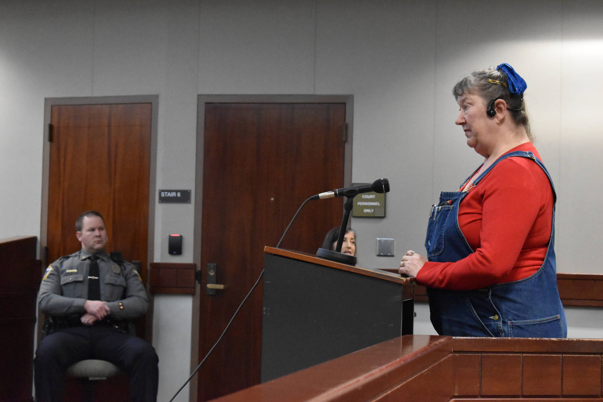 Wenda Kennedy speaks during the public hearing held as part of the selection process for a new Kenai Superior Court Judge on Monday, Jan. 23, 2023, at the Kenai Courthouse in Kenai, Alaska. (Jake Dye/Peninsula Clarion)
