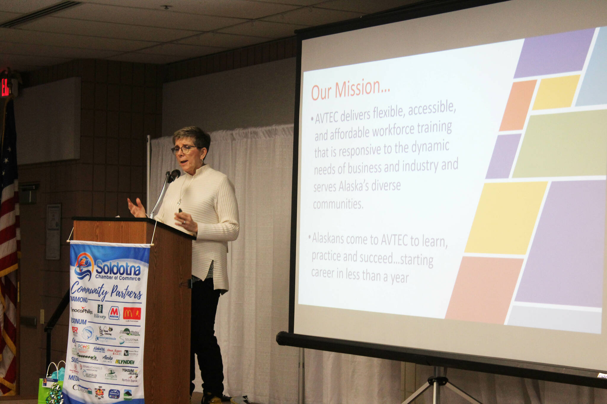 Alaska Vocational Technical Center Executive Director Cathy LeCompte presents during a Soldotna Chamber of Commerce luncheon at the Soldotna Regional Sports Complex on Wednesday, Jan. 25, 2023, in Soldotna, Alaska. (Ashlyn O’Hara/Peninsula Clarion)