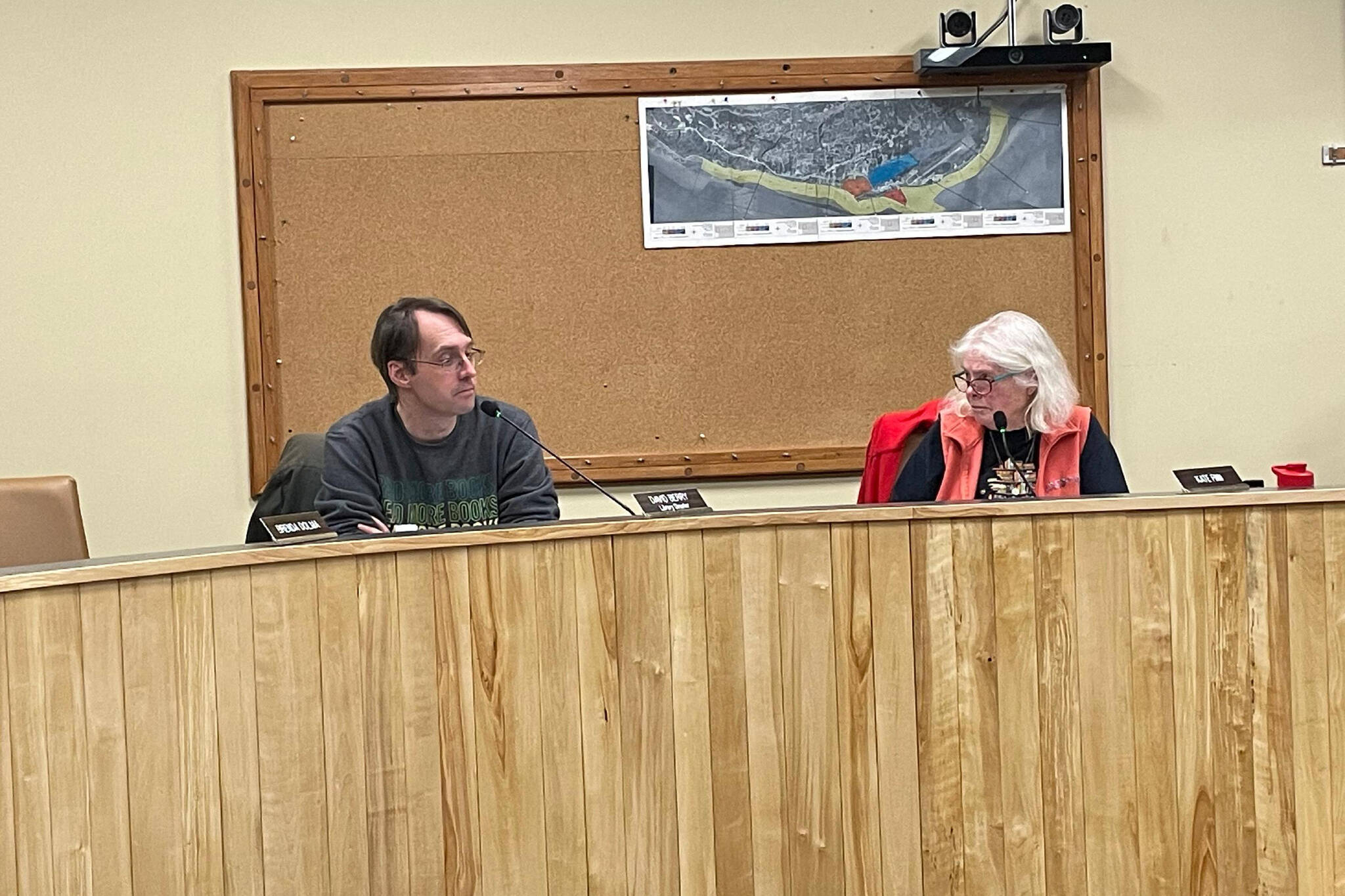 Library Director Dave Berry and Advisory Board Chair Kate Finn participate in Library Advisory Board meeting on Tuesday Jan. 17, 2023, at Homer City Hall, in Homer, Alaska. (Photo by Emilie Springer/Homer News)