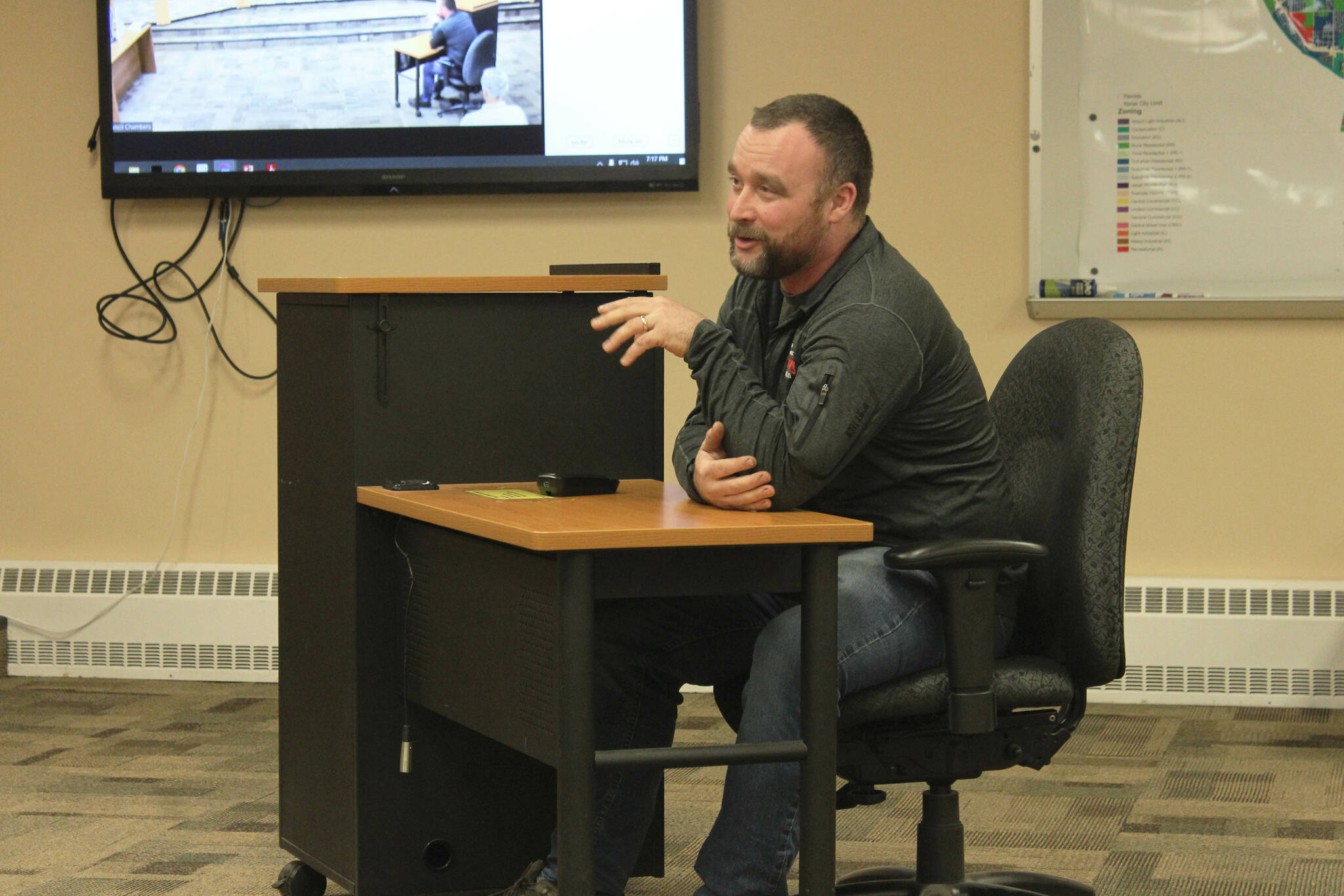 Kenai City Council member Alex Douthit testifies in support of legislation allowing chickens on some city lots during a meeting of the Kenai Planning & Zoning Commission on Wednesday, Jan. 25, 2023, in Kenai, Alaska. (Ashlyn O’Hara/Peninsula Clarion)