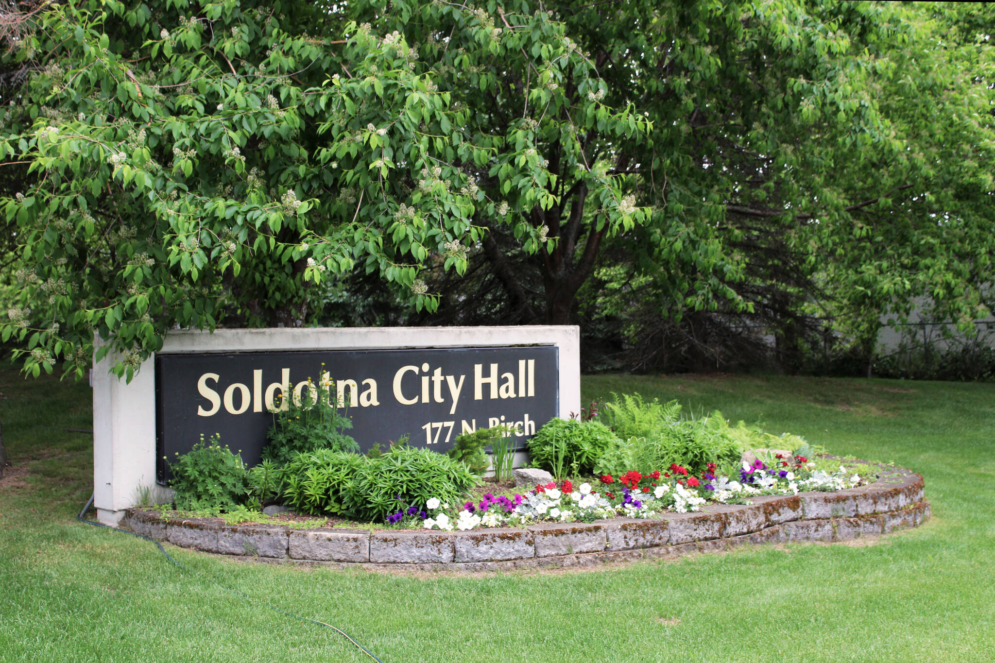 Flowers bloom at Soldotna City Hall on Wednesday, June 24, 2021, in Soldotna, Alaska. (Ashlyn O’Hara/Peninsula Clarion)