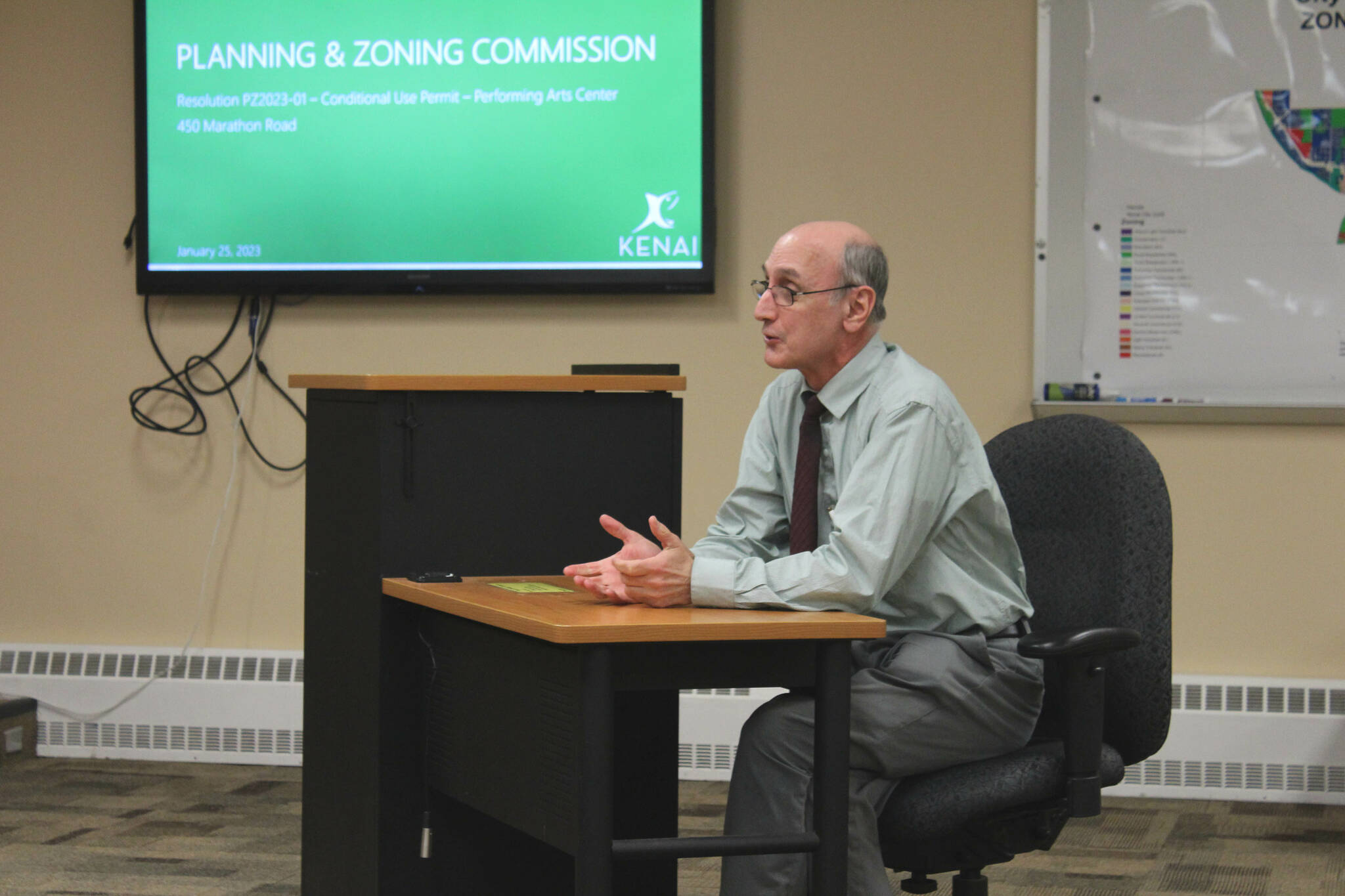 Triumvirate Theatre President Joe Rizzo testifies before the Kenai Planning & Zoning Commission on Wednesday, Jan. 25, 2023, in Kenai, Alaska. (Ashlyn O’Hara/Peninsula Clarion)