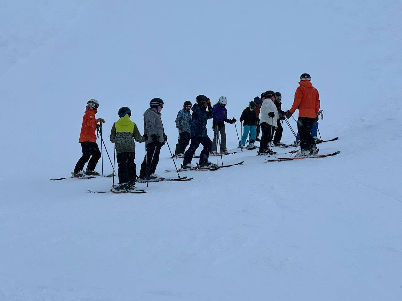 A group of Seward Middle School students practice skiing at at Alyeska Resort in Girdwood, Alaska, on Jan. 24, 2023. (Photo courtesy Myla Lijemark)