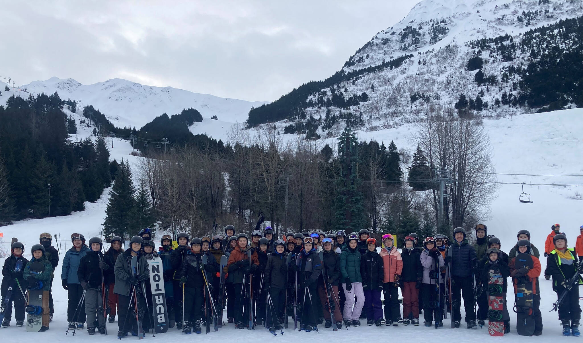 Students from Seward Middle School stand for a photo at Alyeska Resort in Girdwood, Alaska, on Jan. 26, 2023. (Photo courtesy Myla Lijemark)