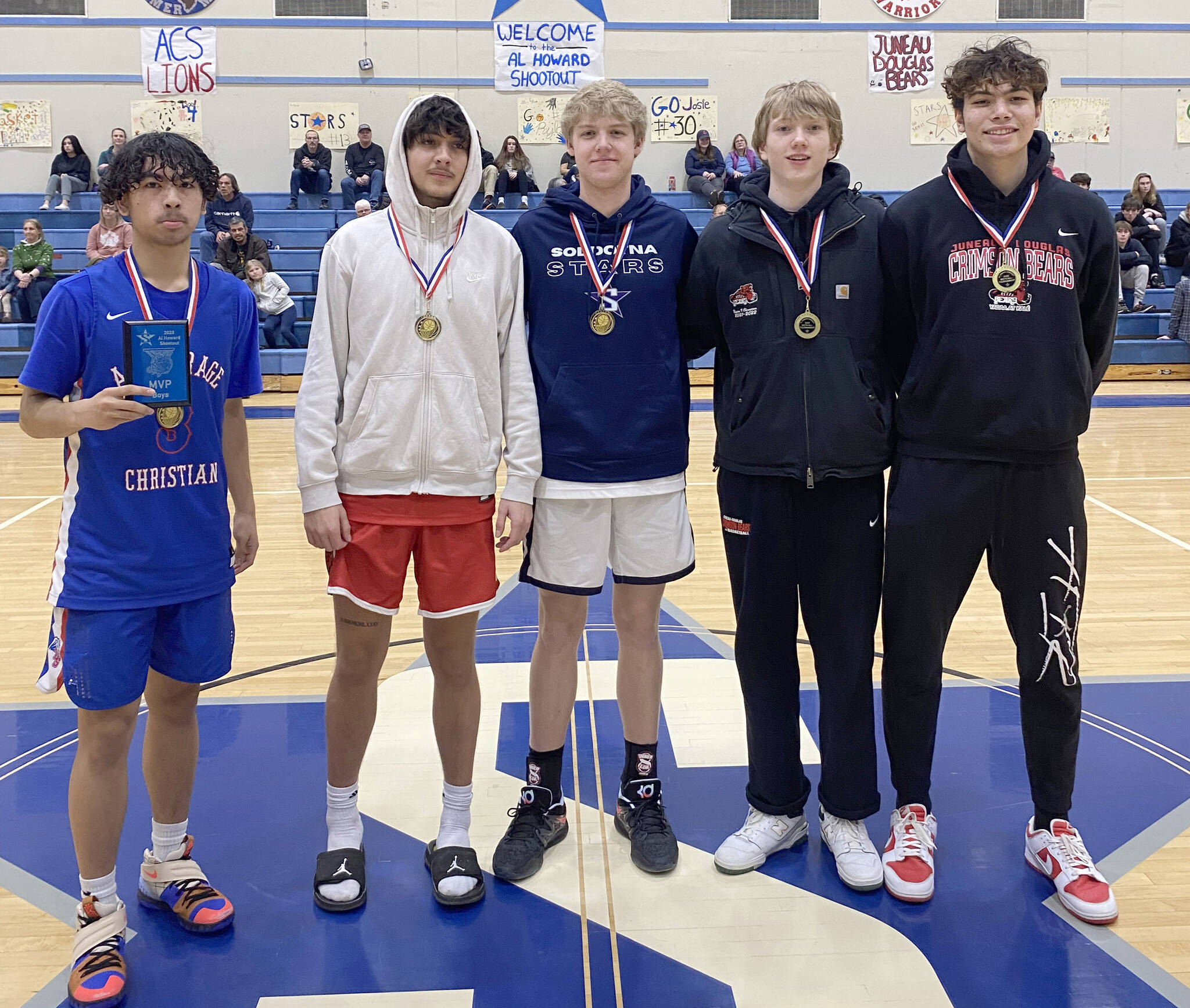 The boys all-tournament team at the Al Howard Tournament at Soldotna High School in Soldotna, Alaska, on Saturday, Jan. 28, 2023. (Photo provided)