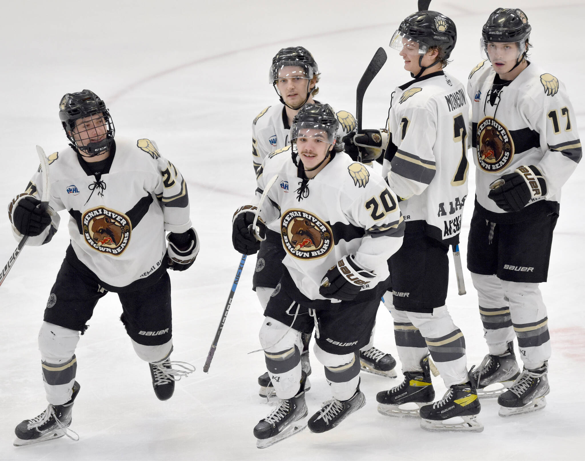 Kenai River Brown Bears forward Ryan Finch (20) celebrates his second-period goal Saturday, Jan. 28, 2023, at the Soldotna Regional Sports Complex in Soldotna, Alaska. (Photo by Jeff Helminiak/Peninsula Clarion)