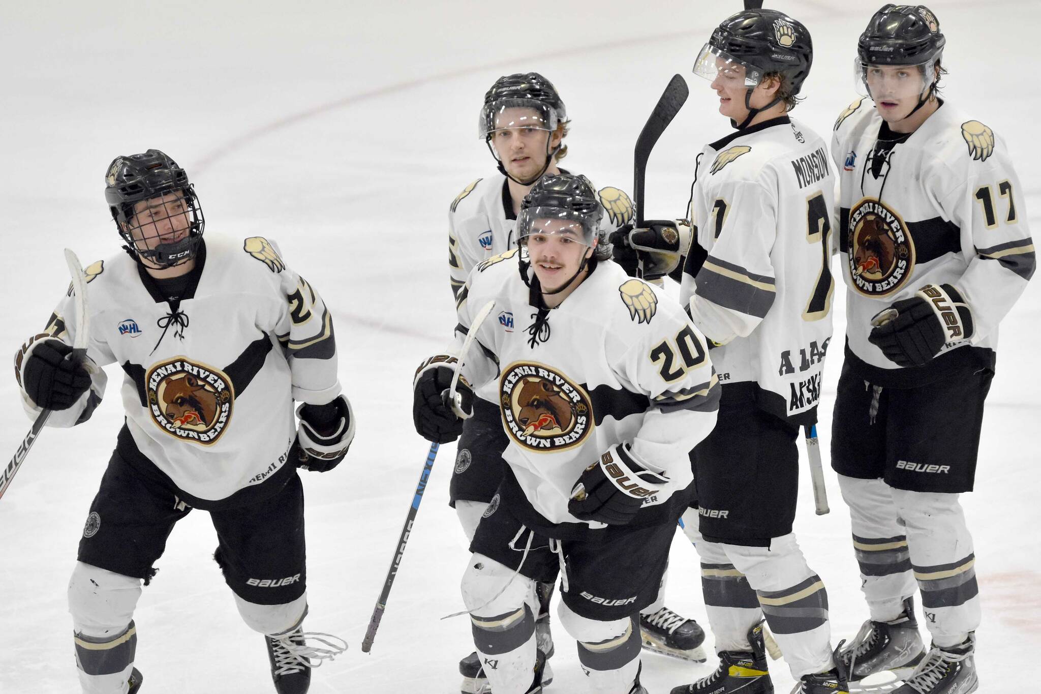 Kenai River Brown Bears forward Ryan Finch (20) celebrates his second-period goal Saturday, Jan. 28, 2023, at the Soldotna Regional Sports Complex in Soldotna, Alaska. (Photo by Jeff Helminiak/Peninsula Clarion)