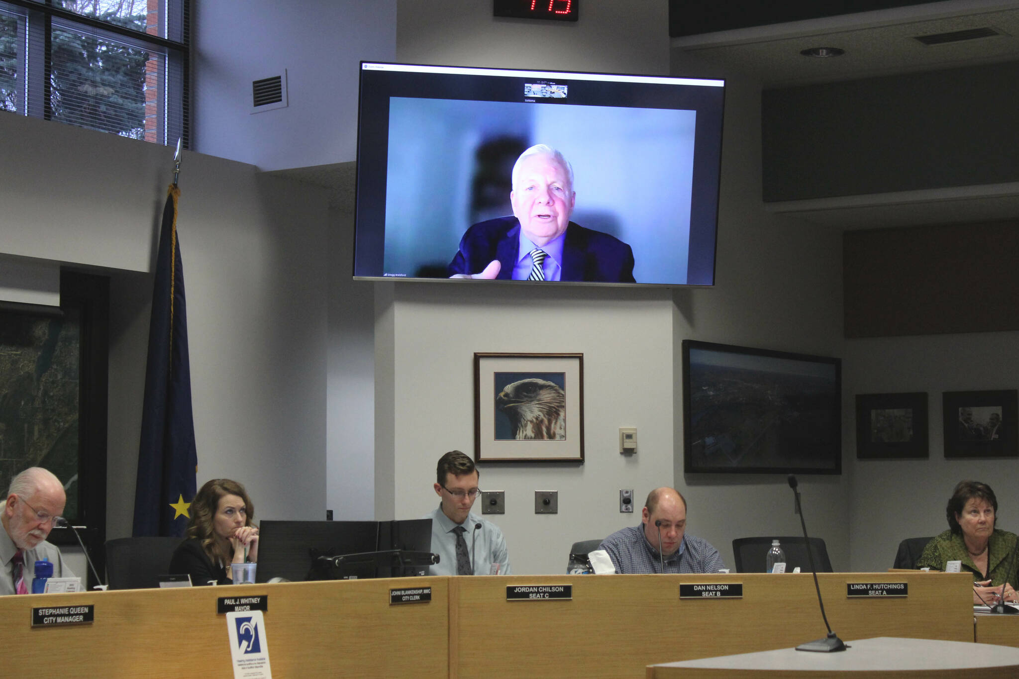 Soldotna City Council members interview city manager applicant Gregg Brelsford (on screen) during a special city council meeting on Monday, Jan. 30, 2023. (Ashlyn O’Hara/Peninsula Clarion)