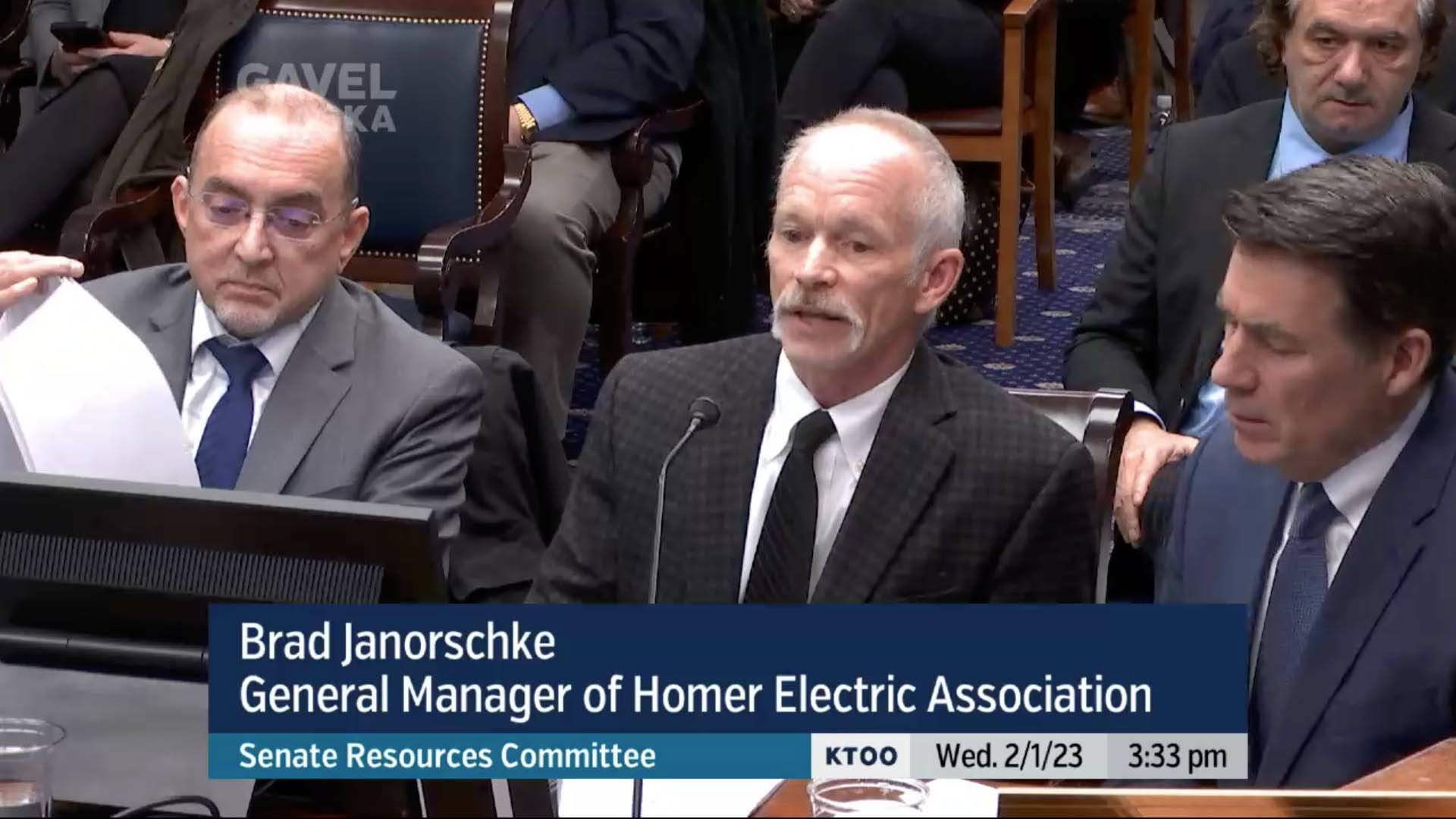 Homer Electric Association General Manager Brad Janorschke testifies before the Senate Resources Committee on Wednesday, Feb. 1, 2023, in Juneau, Alaska. (Screenshot via Gavel Alaska)