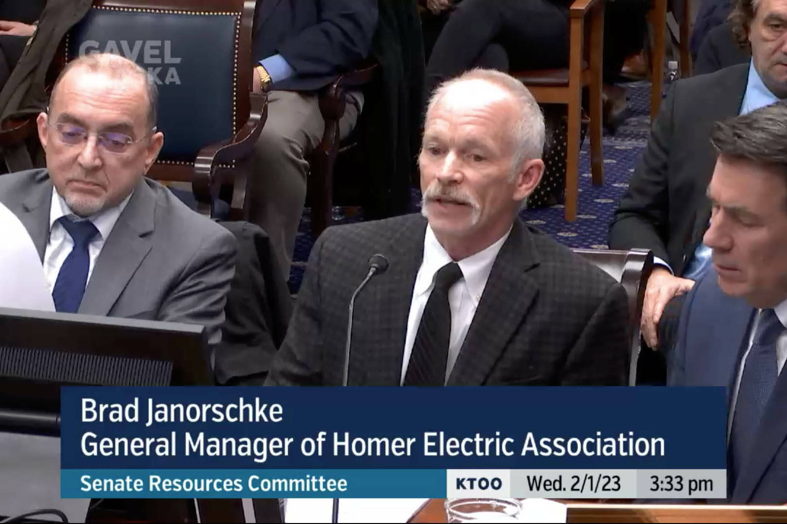 Homer Electric Association General Manager Brad Janorschke testifies before the Senate Resources Committee on Wednesday, Feb. 1, 2023, in Juneau, Alaska. (Screenshot via Gavel Alaska)