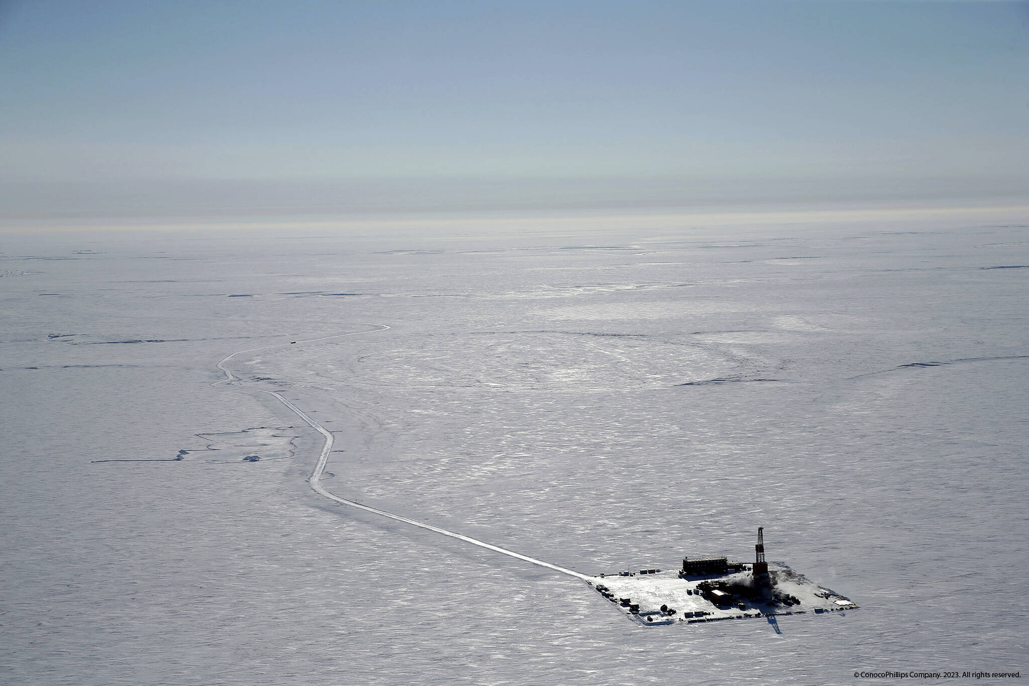 This 2019 aerial photo provided by ConocoPhillips shows an exploratory drilling camp at the proposed site of the Willow oil project on Alaska’s North Slope. The Biden administration issued a long-awaited study on Wednesday, Feb. 1, 2023, that recommends allowing three oil drilling sites in the region of far northern Alaska. The move, while not final, has angered environmentalists who see it as a betrayal of President Joe Biden’s pledges to reduce carbon emissions and promote green energy. (ConocoPhillips via AP)
