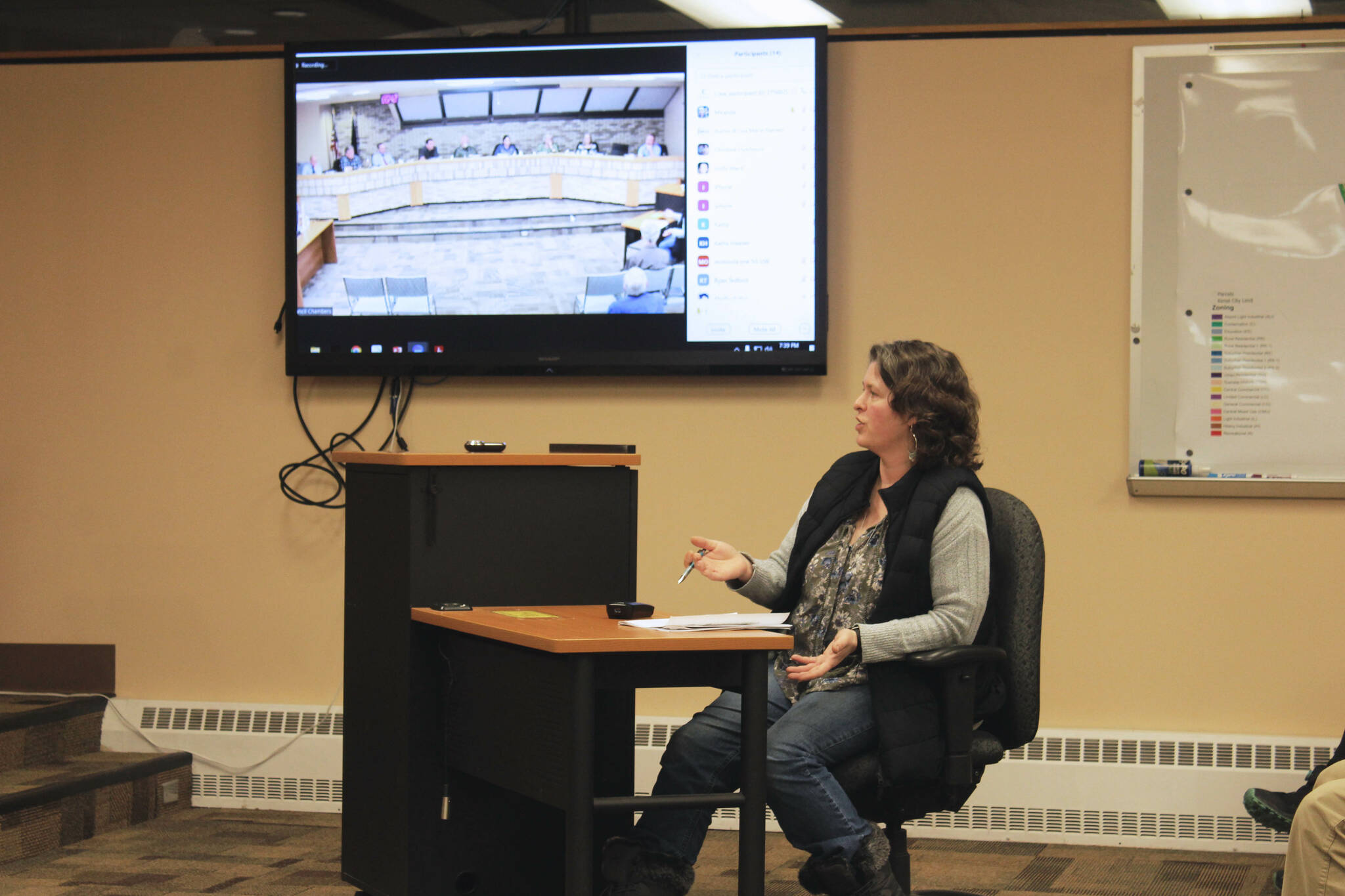 Kenai resident Barbara Kennedy testifies in support of allowing more city residents to own chickens during a city council meeting on Wednesday, Feb.1, 2023, in Kenai, Alaska. (Ashlyn O’Hara/Peninsula Clarion)