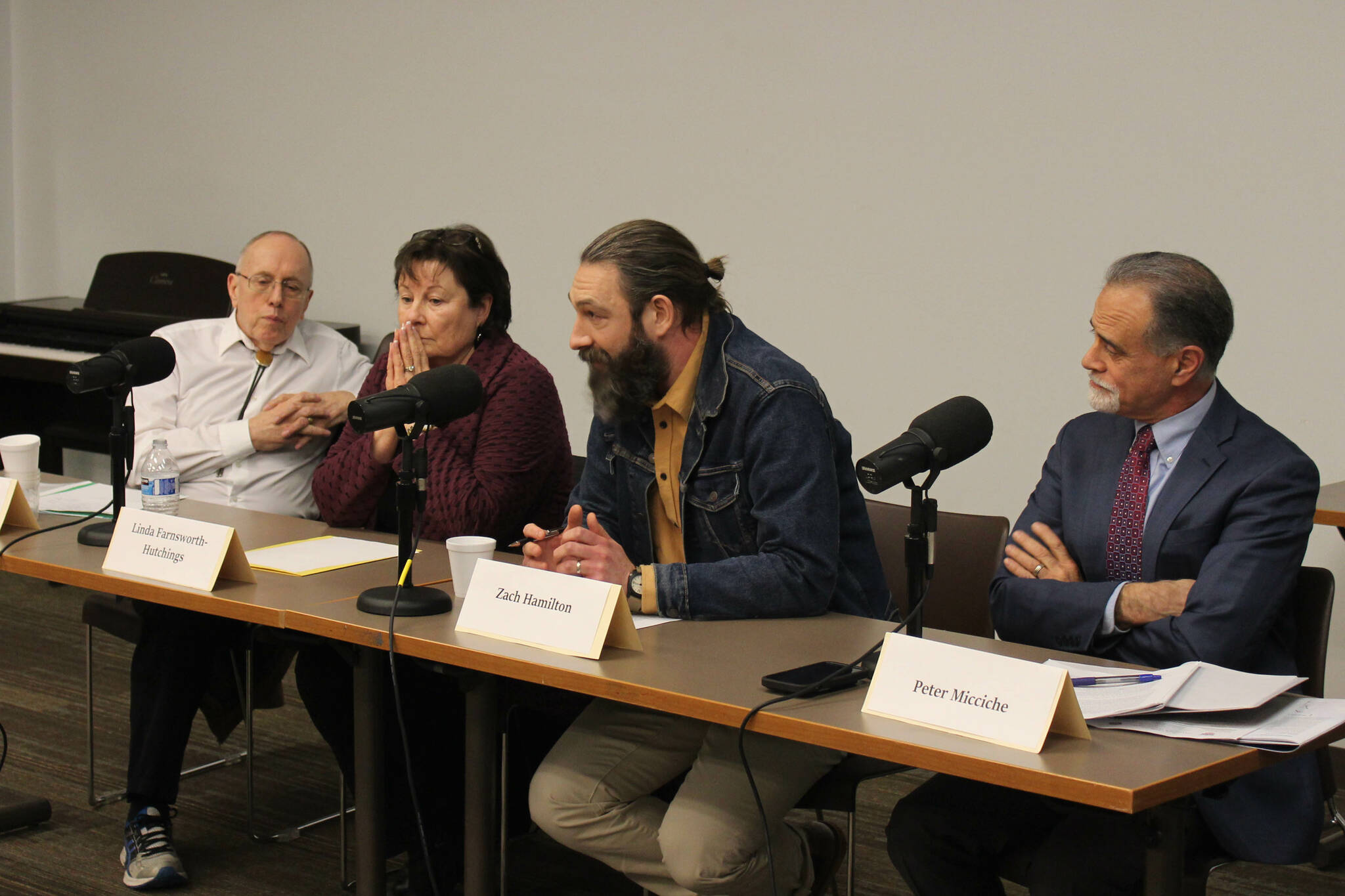 From left, Dave Carey, Linda Farnsworth-Hutchings, Zach Hamilton and Peter Micciche participate in a Kenai Peninsula Borough mayor candidate forum on Tuesday, Jan. 24, 2023, in Soldotna, Alaska. (Ashlyn O’Hara/Peninsula Clarion)