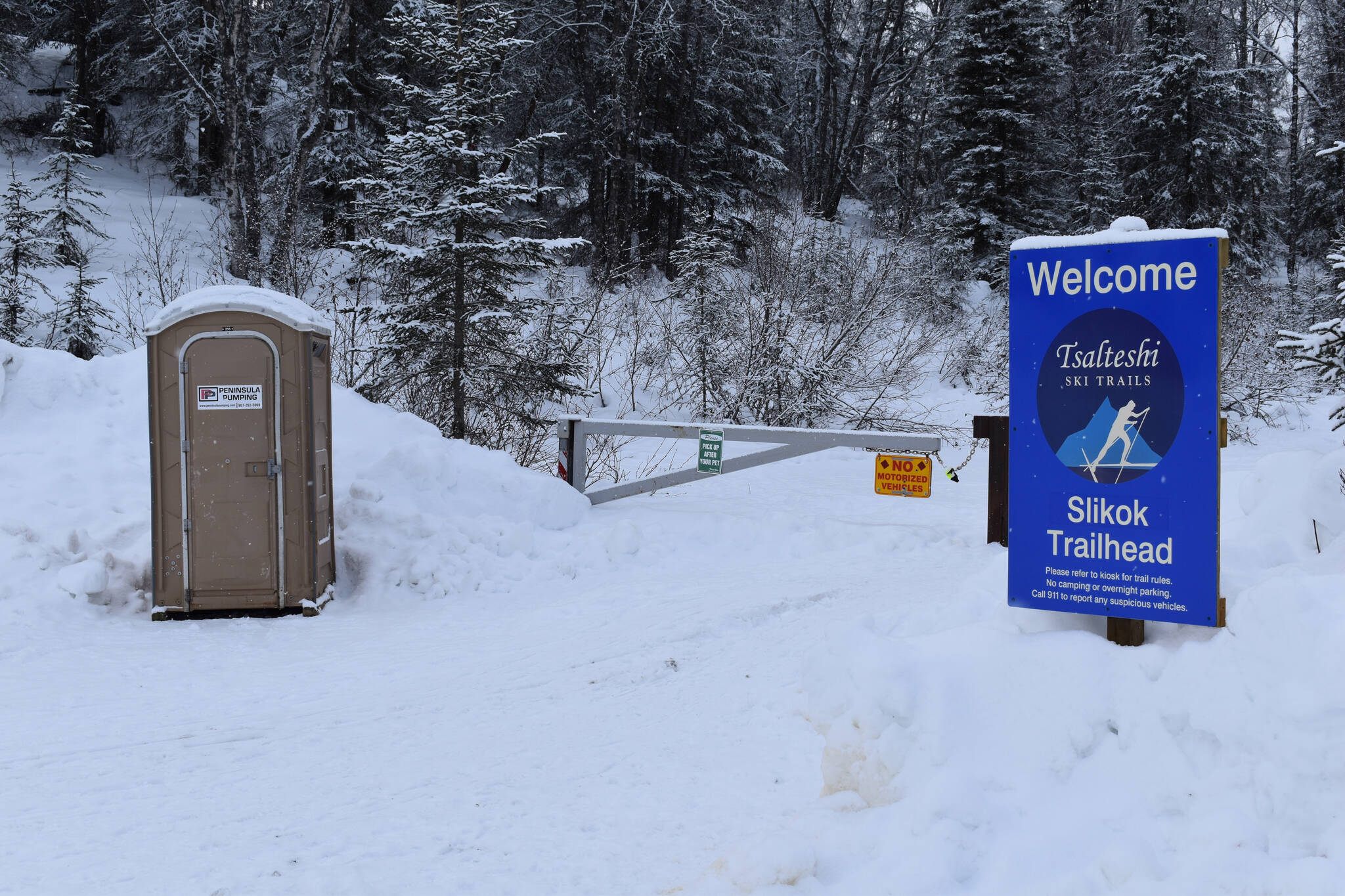 A recently added port-a-potty is available in the parking lot of Slikok Multi-Use Trails on Thursday, Feb. 2, 2023, in Soldotna, Alaska. (Jake Dye/Peninsula Clarion)