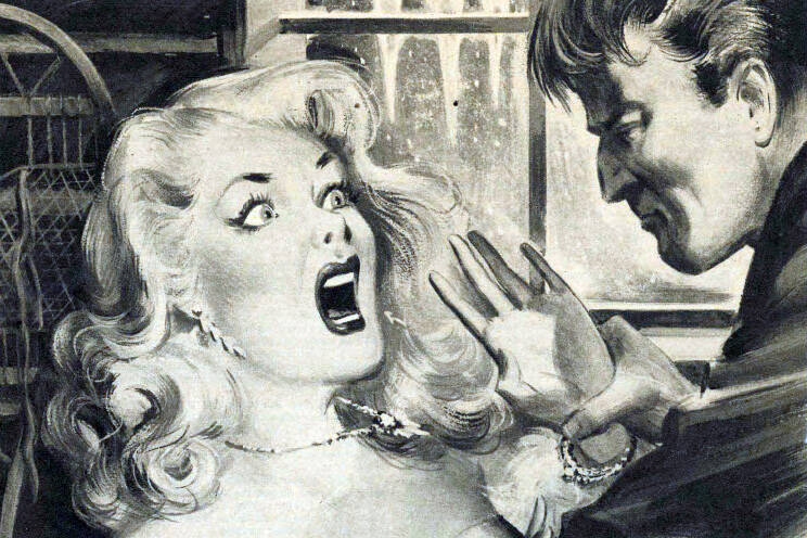 This artwork, as well as the story that accompanied it in the October 1953 issue of Master Detective magazine, sensationalized and fictionalized an actual murder in Anchorage in 1919. The terrified woman in the image is supposed to represent Marie Lavor.