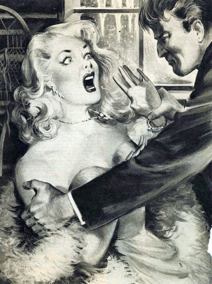 This artwork, as well as the story that accompanied it in the October 1953 issue of Master Detective magazine, sensationalized and fictionalized an actual murder in Anchorage in 1919. The terrified woman in the image is supposed to represent Marie Lavor.
