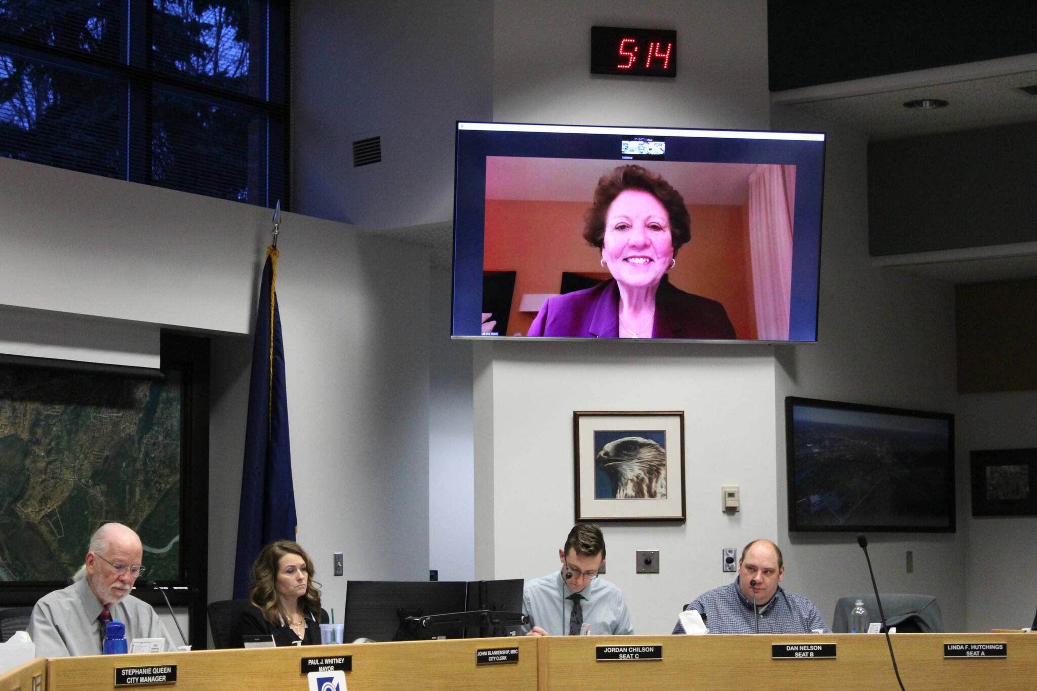 Soldotna City Council members interview city manager applicant Elke Doom (on screen) during a special city council meeting on Monday, Jan. 30, 2023. (Ashlyn O’Hara/Peninsula Clarion)