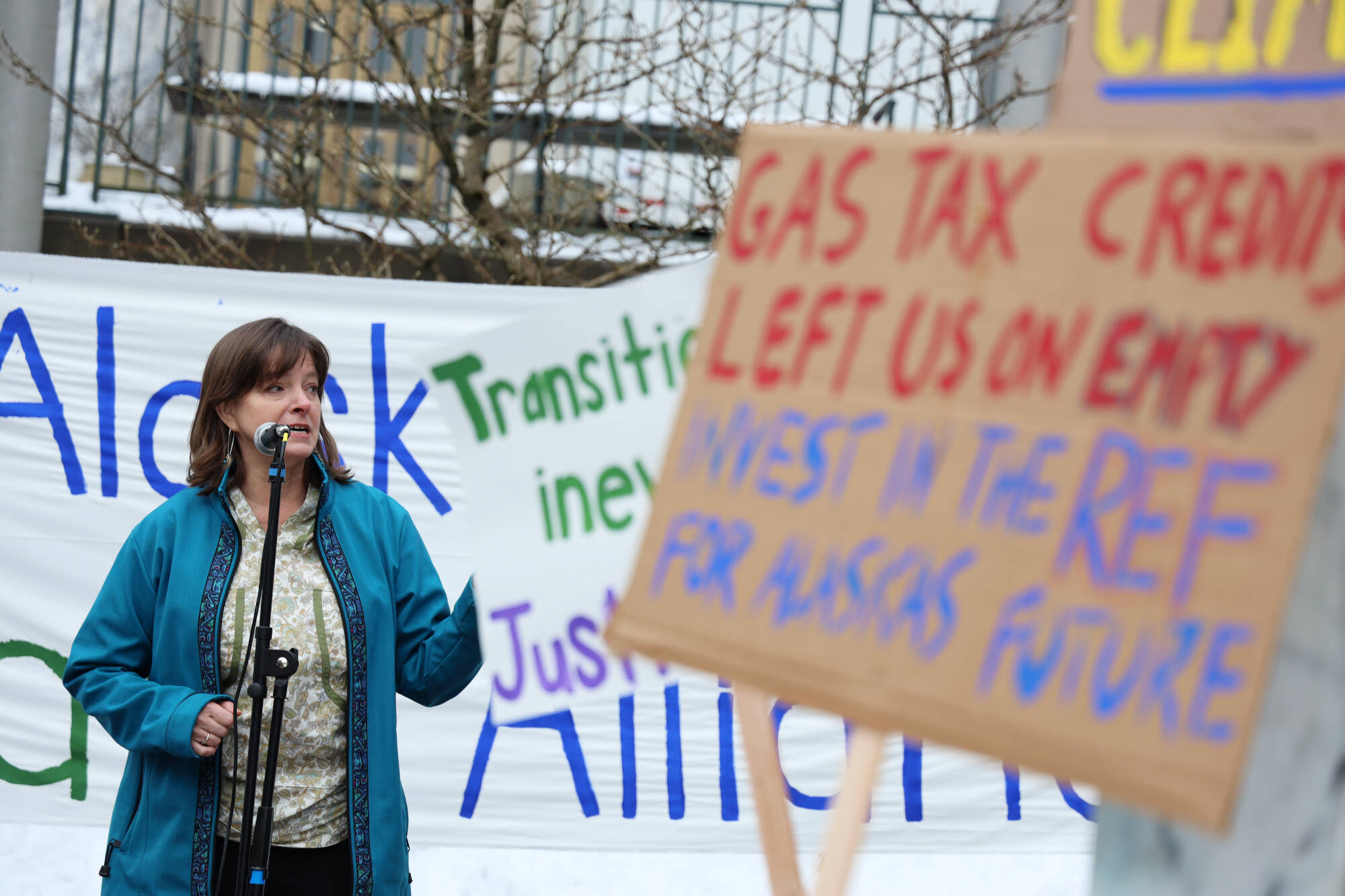 Independent Rep. Alyse Galvin of Anchorage speaks to a crowd of climate activists who held a rally outside the Alaska State Capitol on Friday, Feb. 3, 2023, to advocate for legislative action to improve Alaska’s renewable energy development and future sustainability. (Clarise Larson / Juneau Empire)
