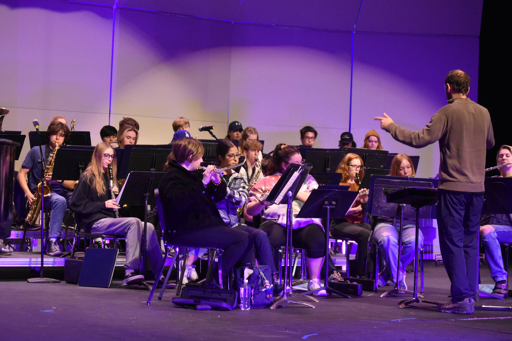 Mark Jurek directs the Soldotna High School Band at a rehearsal on Oct. 11, 2022, at Soldotna High School in Soldotna Alaska. (Jake Dye/Peninsula Clarion)