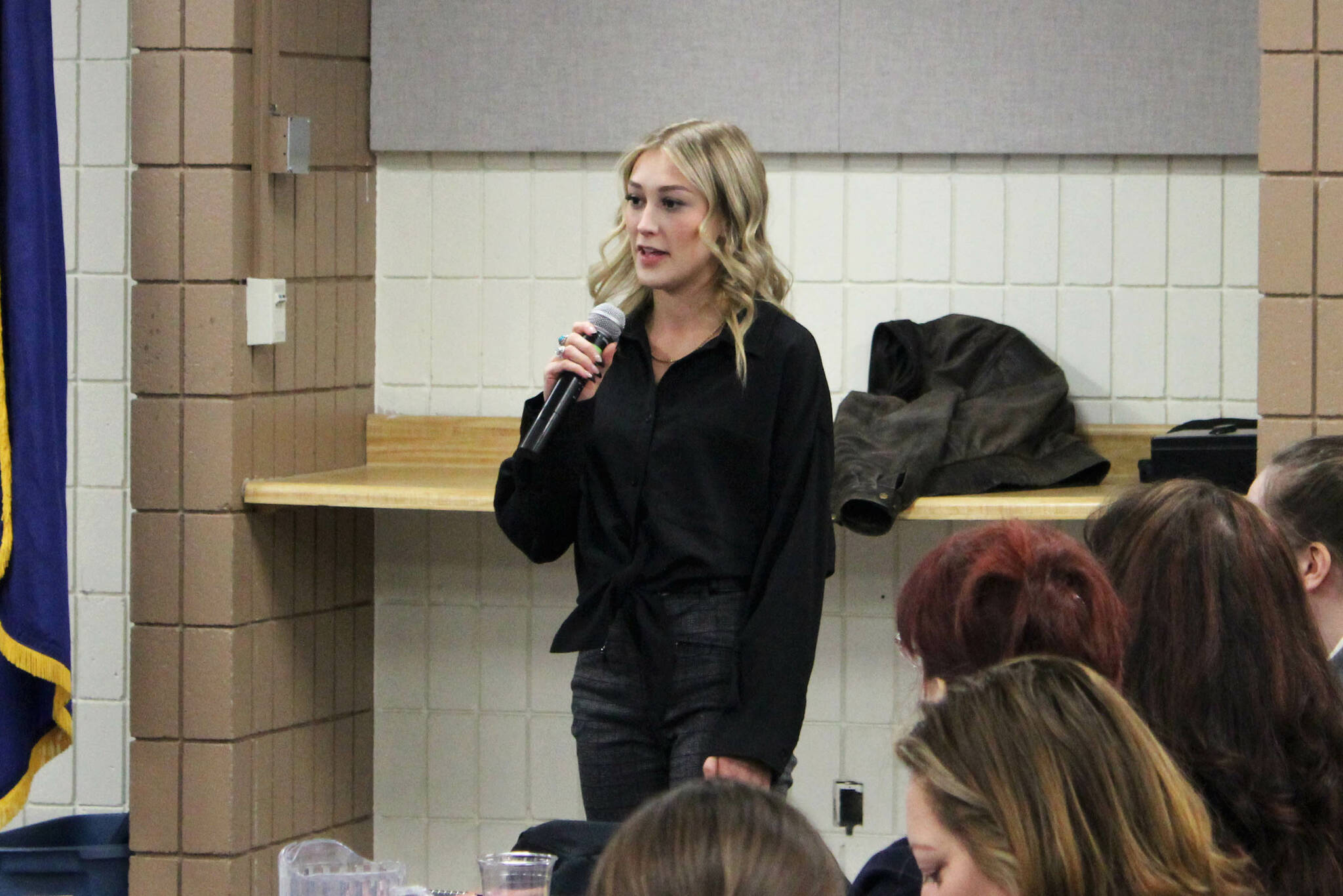 Incoming Soldotna Chamber of Commerce Executive Director Maddy McElrea addresses attendees at a chamber luncheon on Wednesday, Feb. 8, 2023 in Soldotna, Alaska. (Ashlyn O’Hara/Peninsula Clarion)