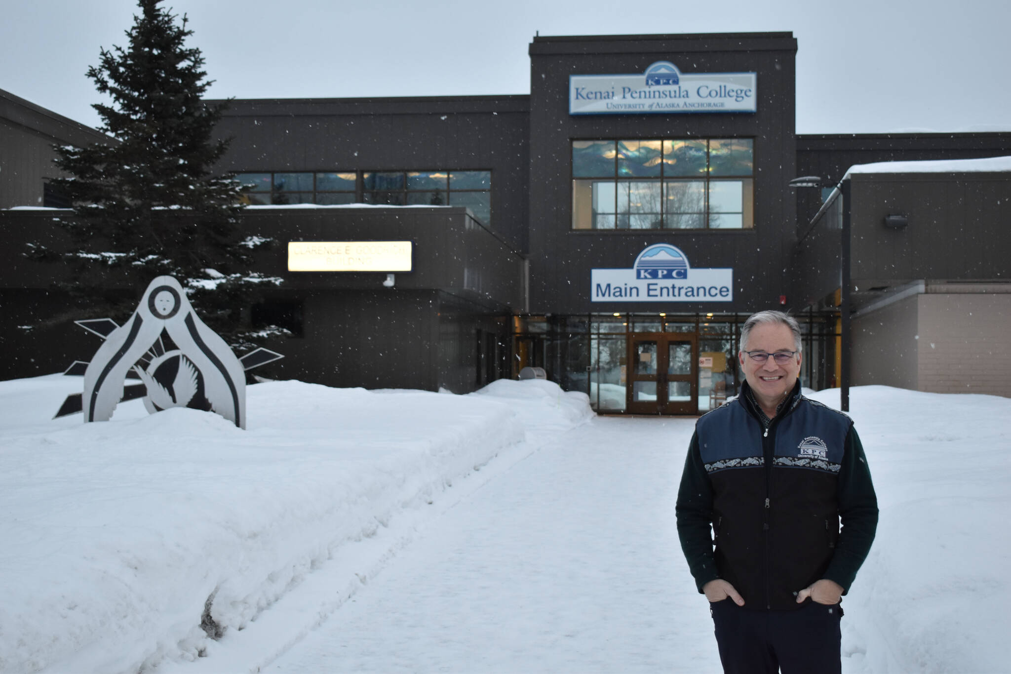 University of Alaska Anchorage Chancellor Sean Parnell stands outside the main entrance of Kenai Peninsula College in Soldotna, Alaska, on Thursday, Feb. 9, 2023. (Jake Dye/Peninsula Clarion)