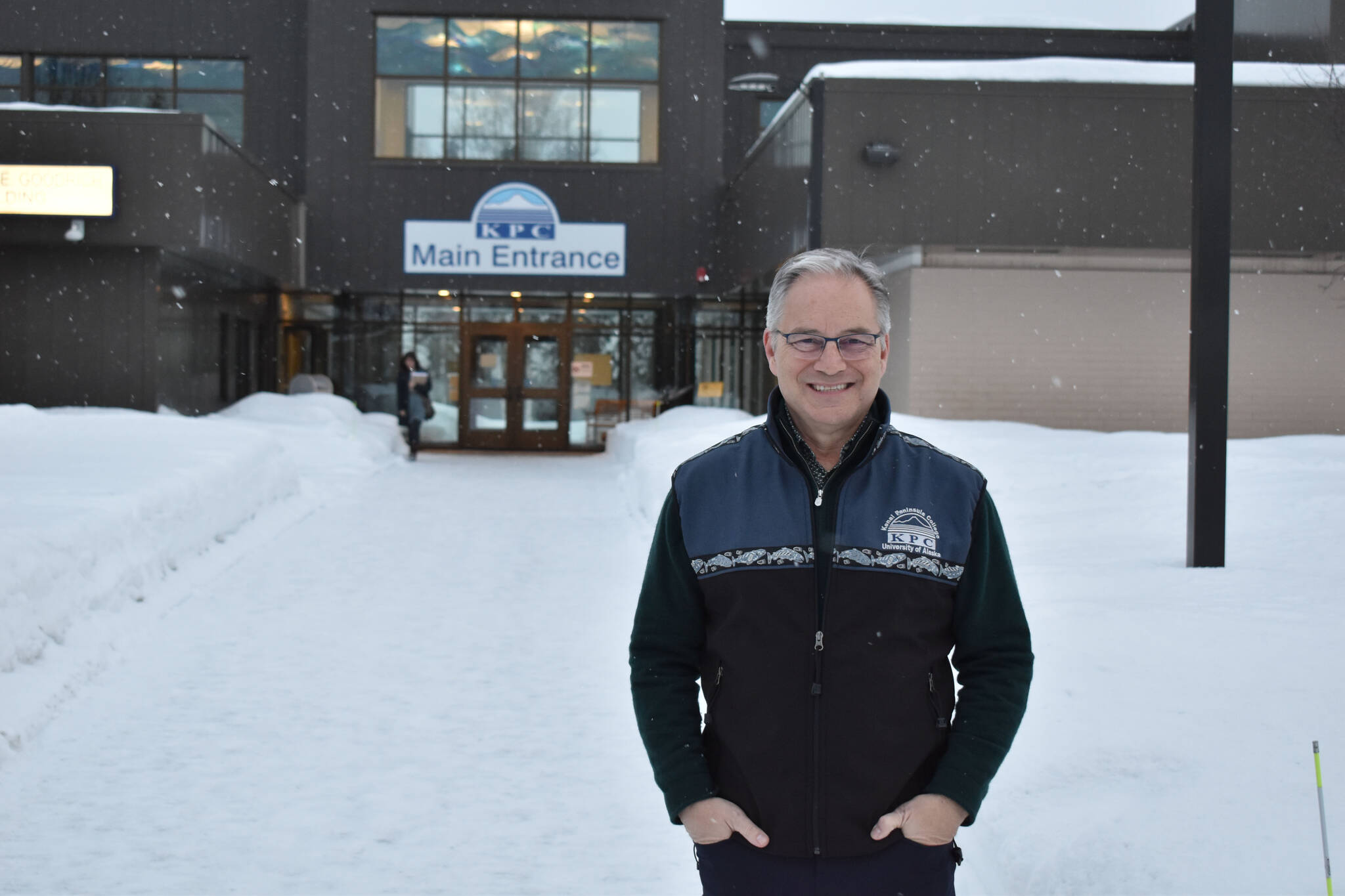 University of Alaska Anchorage Chancellor Sean Parnell stands outside the main entrance of Kenai Peninsula College in Soldotna, Alaska, on Thursday, Feb. 9, 2023. (Jake Dye/Peninsula Clarion)