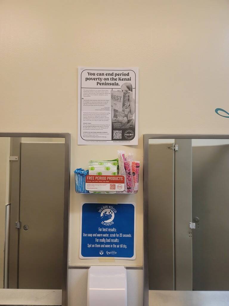 The first period product caddy to be installed is seen at Soldotna Montessori Charter School on Jan. 30, 2023, in Soldotna, Alaska. (Photo courtesy Chera Wackler)