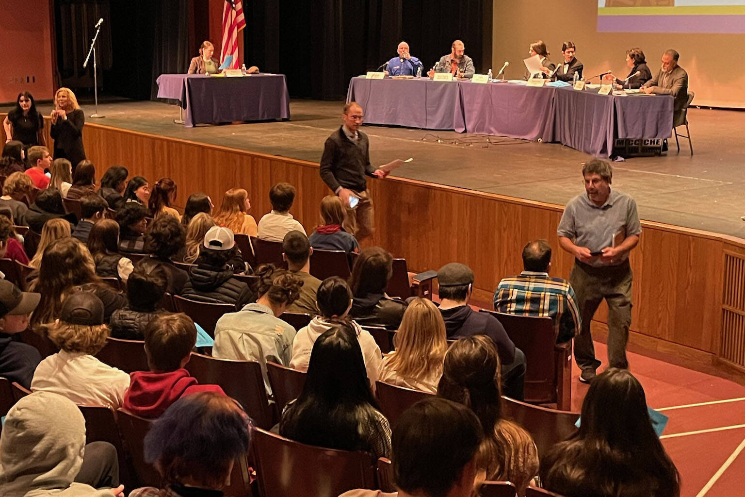 Homer High School students participate in Kenai Peninsula Borough mayoral forum in the Homer High School Mariner Theater, Thursday, Feb. 9, 2023, in Homer, Alaska. (Photo by Emilie Springer/Homer News)