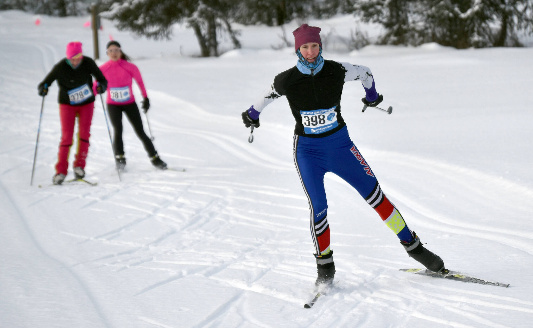 Amy Anderson, the 5-kilometer skate winner, leads Kelli Boonstra and Libby Jensen at the 19th annual Ski For Women on Sunday at Tsalteshi Trails just outside of Soldotna.