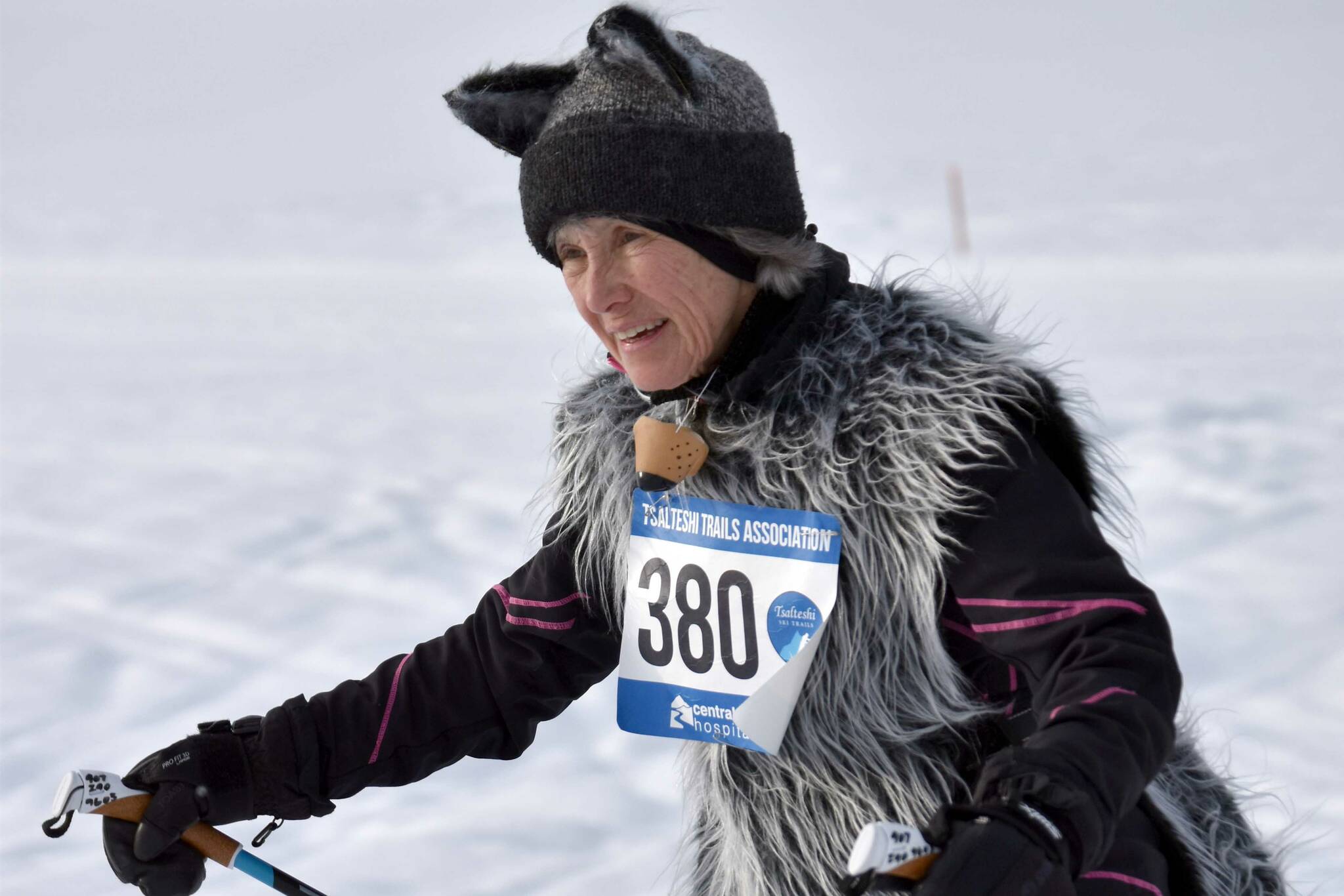 Sara Mahood, dressed as the Wolf, skis at the 19th annual Ski For Women on Sunday, Feb. 12, 2023, at Tsalteshi Trails just outside of Soldotna, Alaska. Mahood was part of the winning costume of "Little Red Riding Hood and the Big Bad Wolf." Not pictured, Leslie Boyd was Little Red Riding Hood, Sue Seggerman was the Woodcutter and Gigi Banas was Grandma. (Photo by Jeff Helminiak/Peninsula Clarion)
