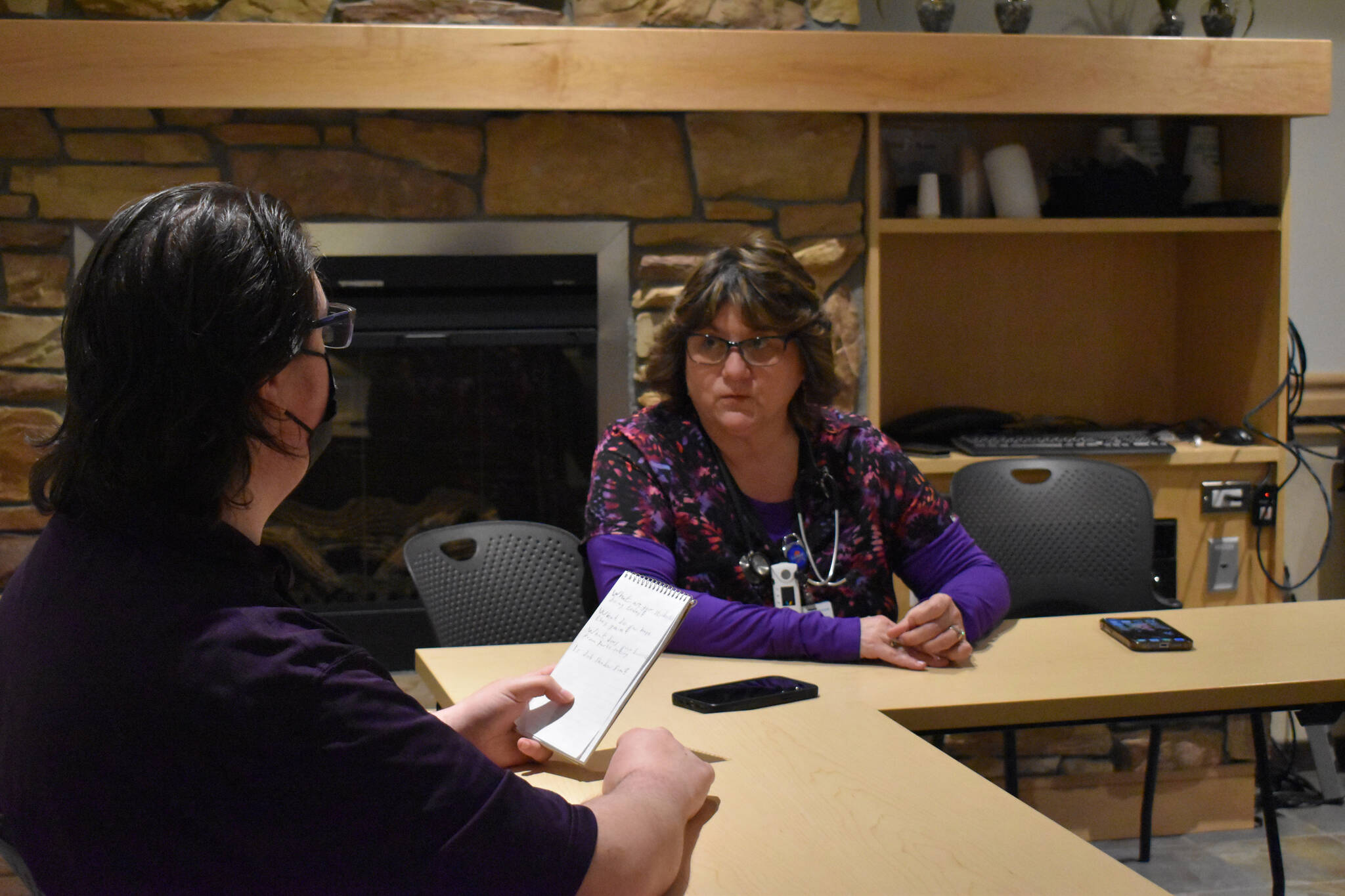 Landon Dubber interviews Janice Villegas at Central Peninsula Hospital in Soldotna, Alaska, on Wednesday, Feb. 15, 2023. (Cadance Bitterich/Peninsula Clarion)