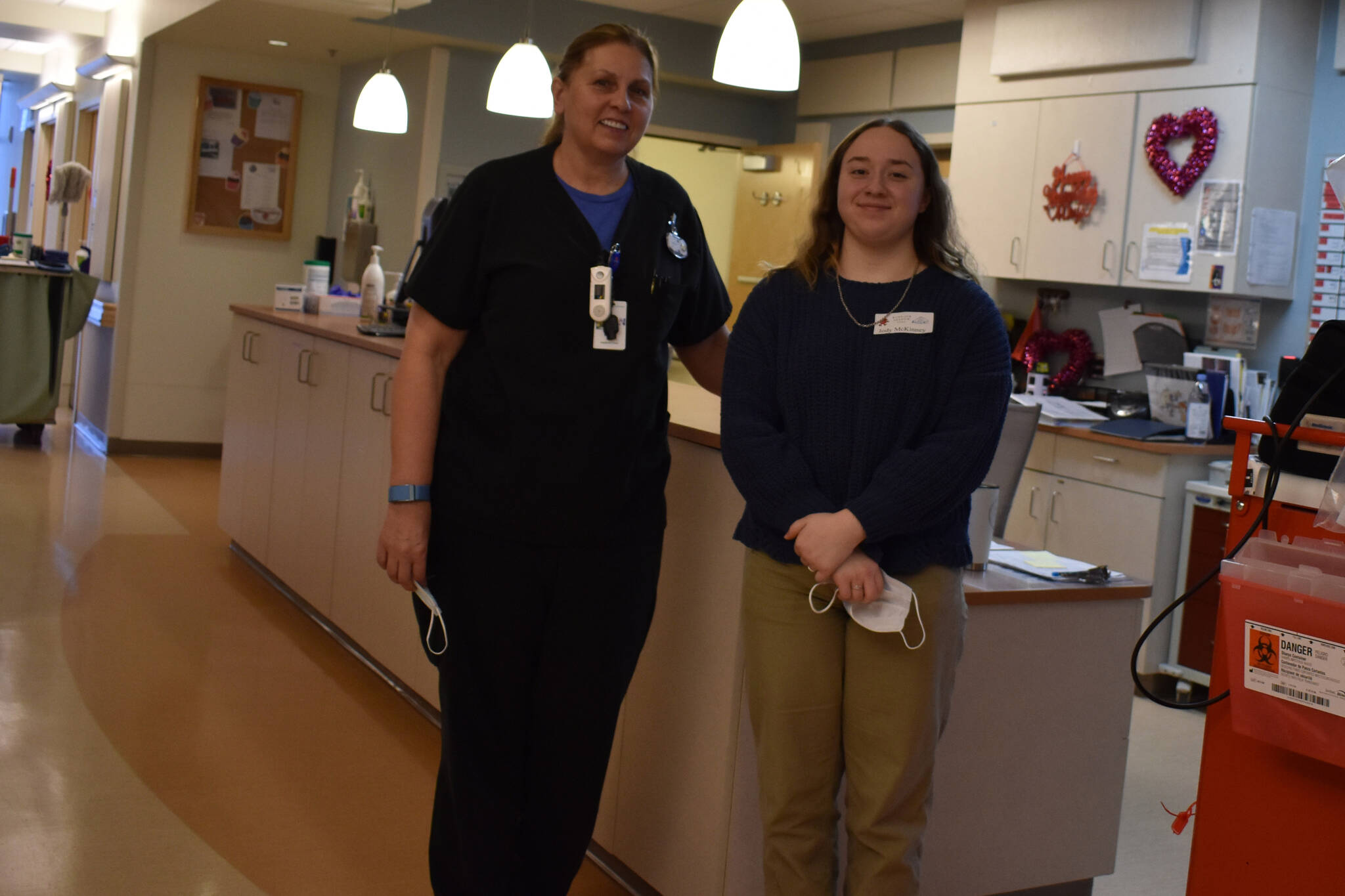 Kathi Edgell stands with KCHS job shadow student Jody McKinney at Central Peninsula Hospital in Soldotna, Alaska, on Wednesday, Feb. 15, 2023. (Cadance Bitterich/Peninsula Clarion)