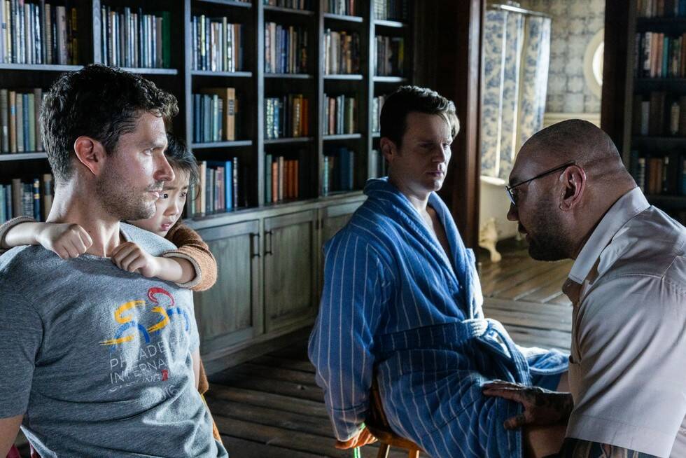 From left: Andrew (Ben Aldridge), Wen (Kristen Cui), Eric (Jonathan Groff) and Leonard (Dave Bautista) in Knock at the Cabin, directed by M. Night Shyamalan. (Photo courtesy Universal Pictures)