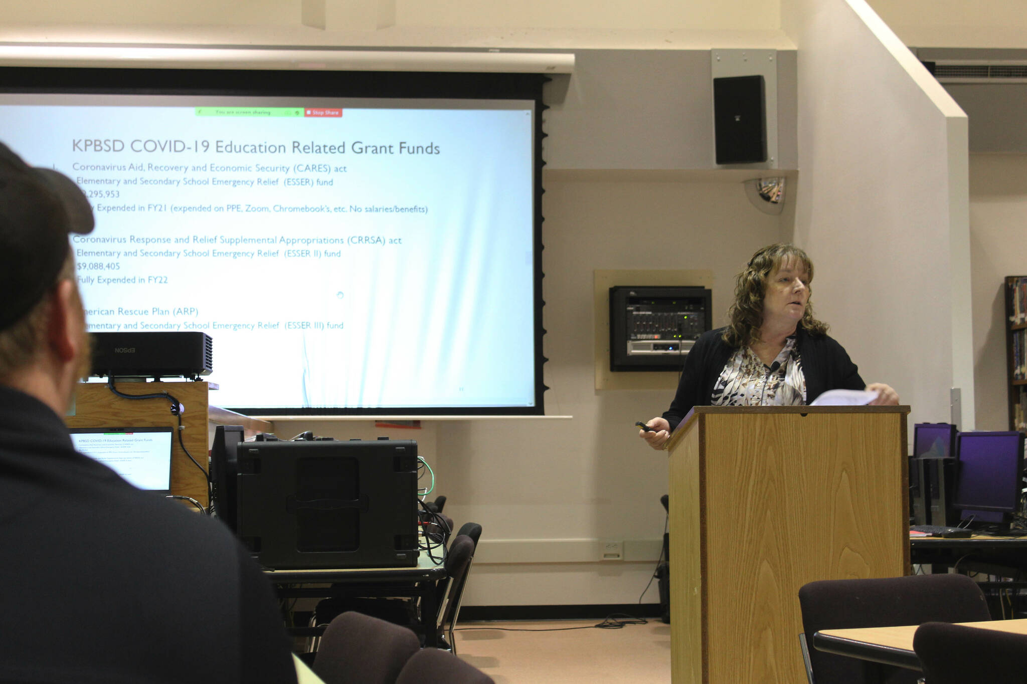 Kenai Peninsula Borough School District Finance Director Liz Hayes presents information on the district’s fiscal year 2024 budget at Kenai Central High School on Wednesday, Feb. 15, 2023, in Kenai, Alaska. (Ashlyn O’Hara/Peninsula Clarion)