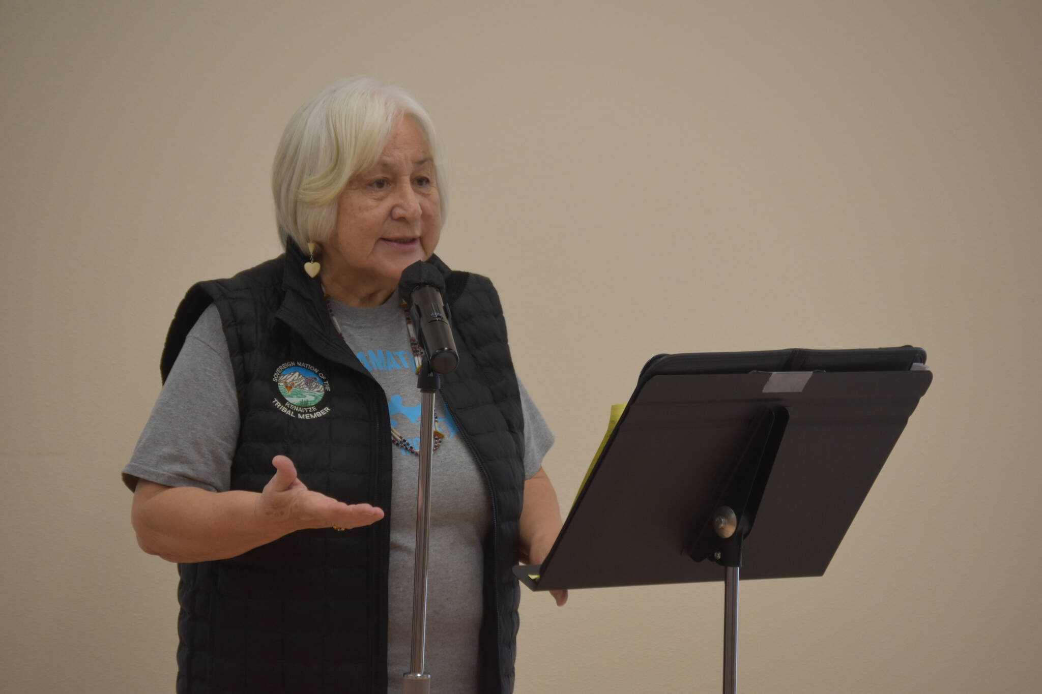 Linda Ross speaks during a celebration of Elizabeth Peratrovich Day at the Kenaitze Indian Tribe's Tyotkas Elder Center in Kenai, Alaska, on Thursday, Feb. 16, 2023. (Jake Dye/Peninsula Clarion)