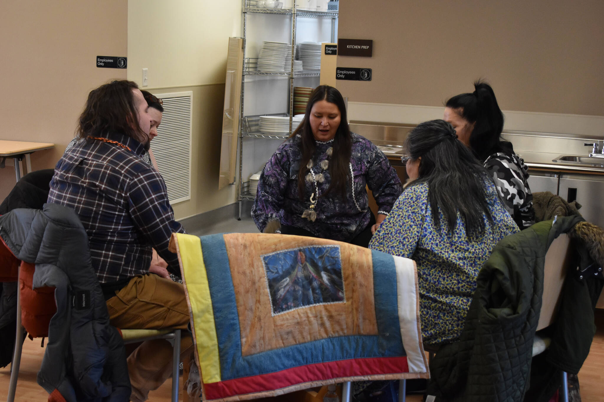 The Heartbeat of Mother Earth drummers perform during a celebration of Elizabeth Peratrovich Day at the Kenaitze Indian Tribe’s Tyotkas Elder Center in Kenai, Alaska, on Thursday, Feb. 16, 2023. (Jake Dye/Peninsula Clarion)