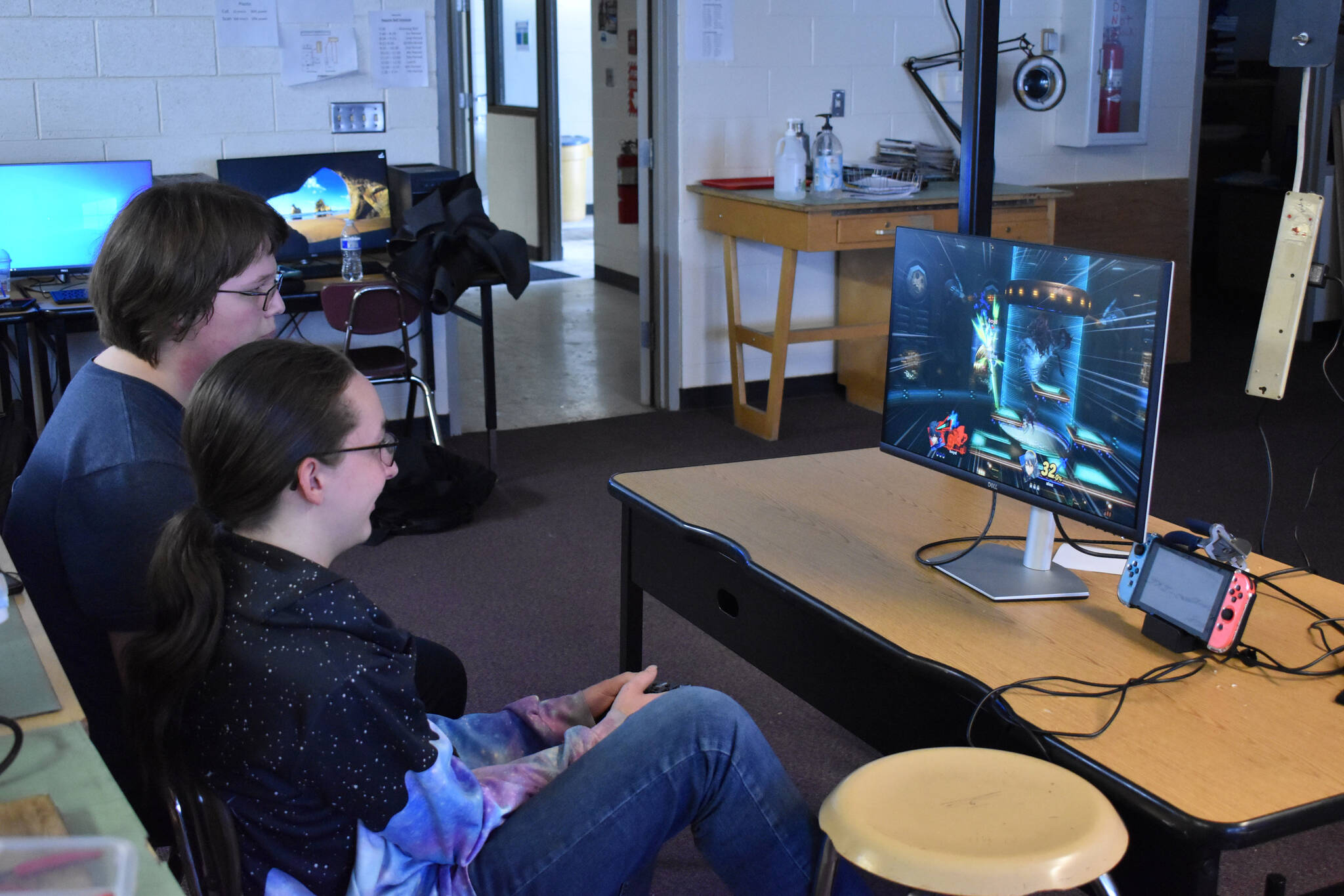 Kenai Central High School esports players participate in a practice match of Super Smash Bros. Ultimate ahead of a scheduled game at Kenai Central High School in Kenai, Alaska, on Wednesday, Feb. 15, 2023. (Jake Dye/Peninsula Clarion)