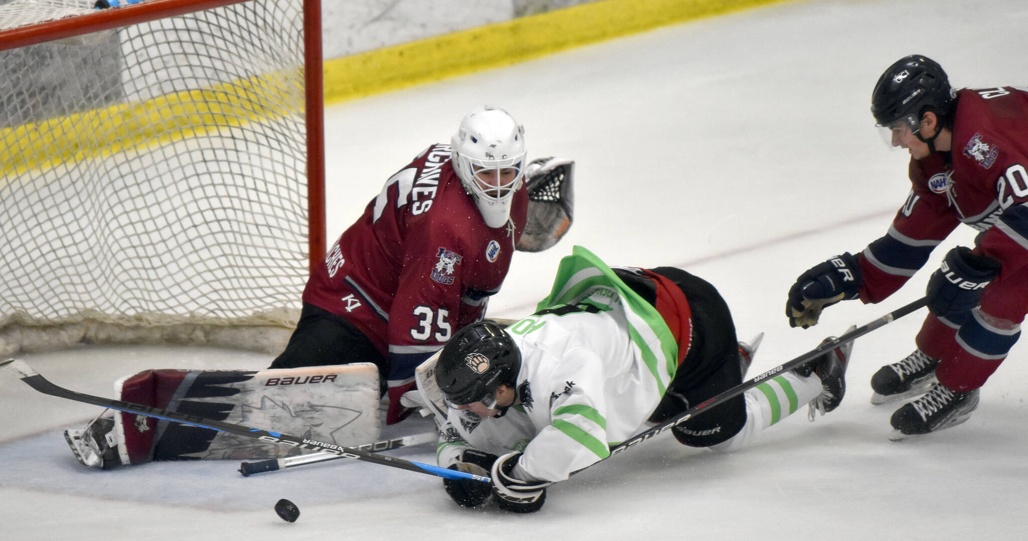 Kenai River Brown Bears forward Noah Holt draws a penalty on David Clarke of the Fairbanks Ice Dogs in front of goalie Kayden Hargraves on Saturday, Feb. 18, 2023, at the Soldotna Regional Sports Complex in Soldotna, Alaska. (Photo by Jeff Helminiak/Peninsula Clarion)
