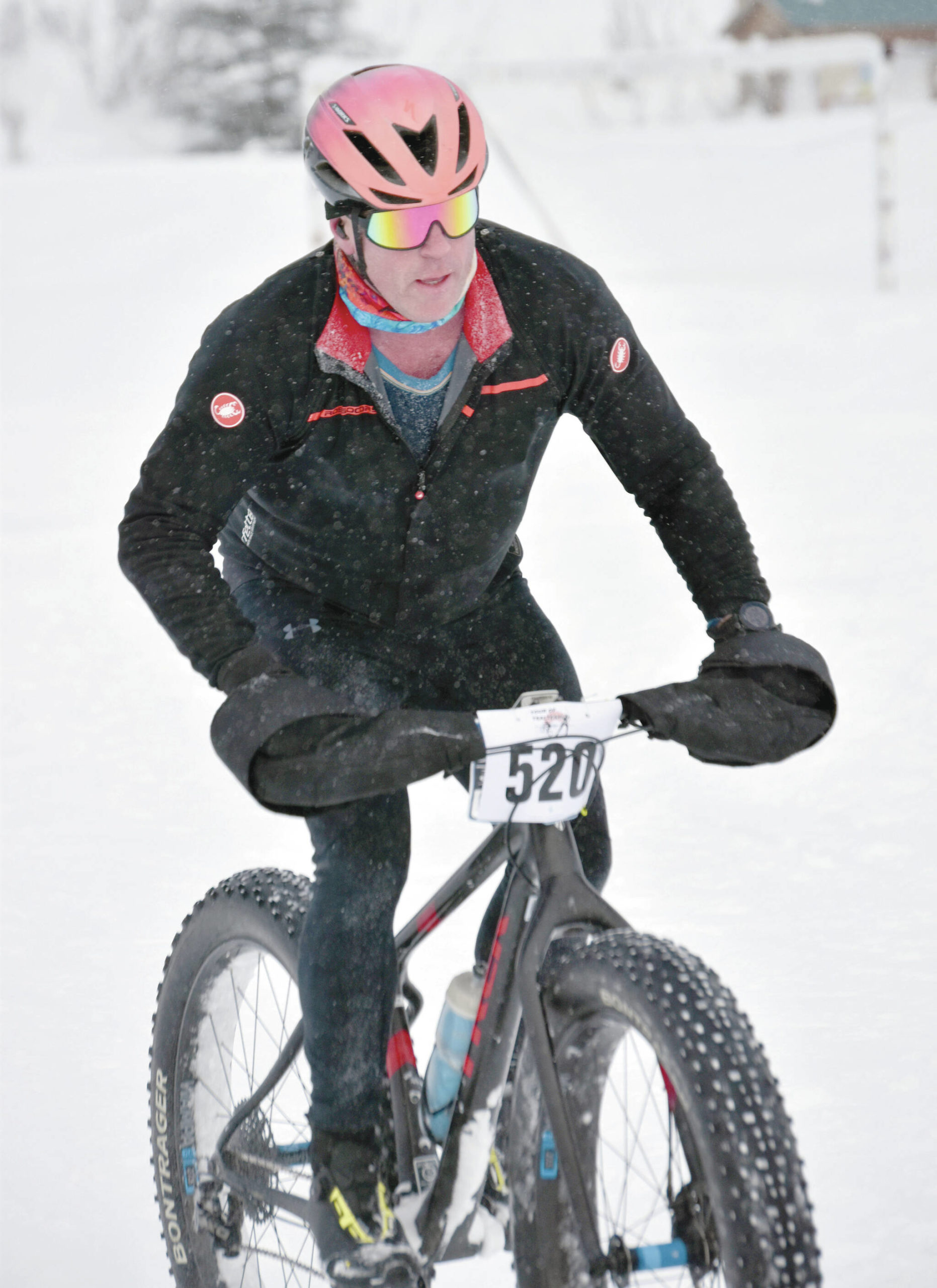 Photo by Jeff Helminiak/Peninsula Clarion 
Eric Thomason finishes first in the men’s 20-kilometer fat bike at the 6th Annual Tour of Tsalteshi on Sunday, at Tsalteshi Trails just outside of Soldotna.