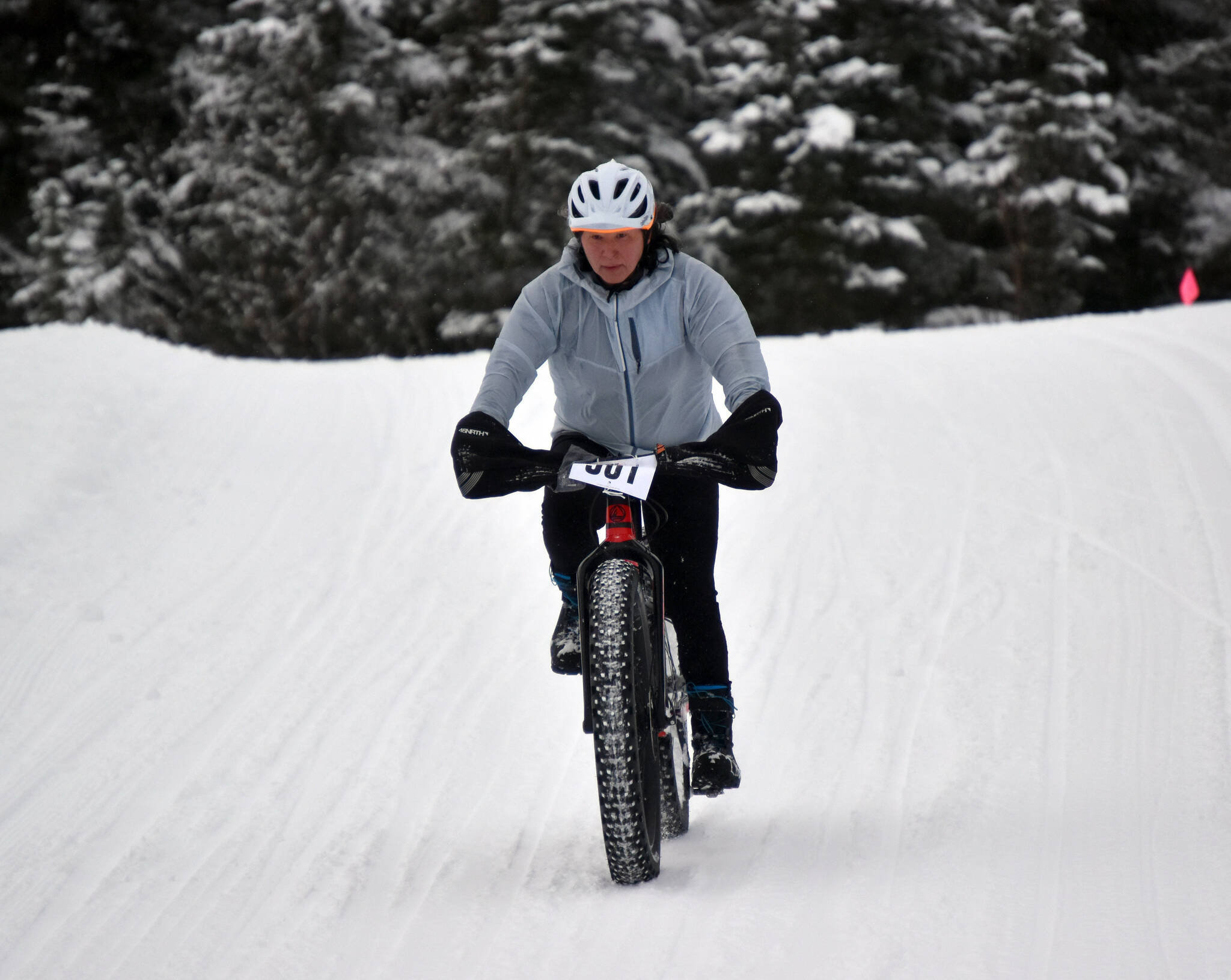 Rose Garner rides to victory in the 20-kilometer women’s fat bike Sunday, Feb. 19, 2023, at the 6th Annual Tour of Tsalteshi at Tsalteshi Trails just outside of Soldotna, Alaska. (Photo by Jeff Helminiak/Peninsula Clarion)