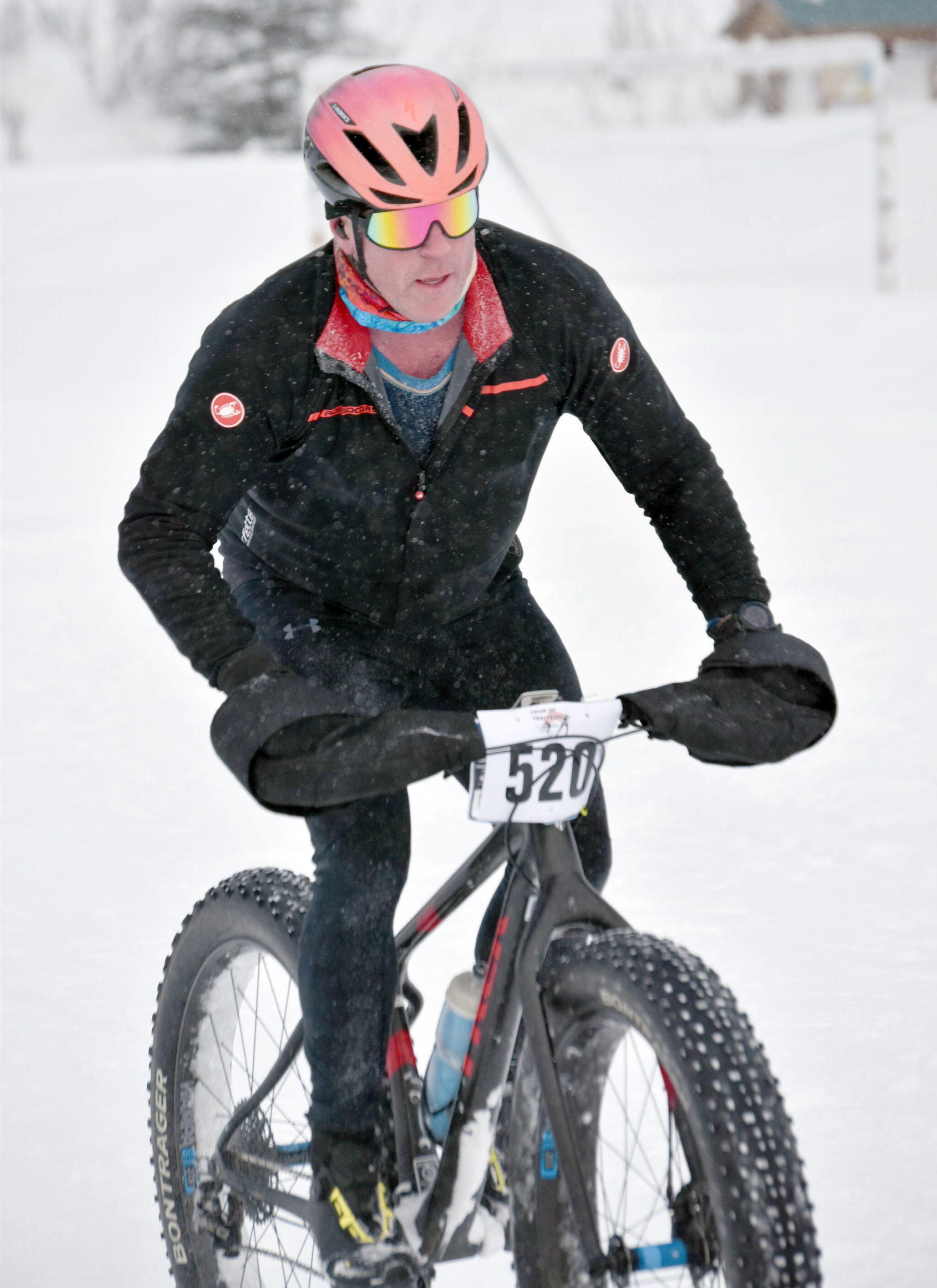 Eric Thomason finishes first in the men’s 20-kilometer fat bike at the 6th Annual Tour of Tsalteshi on Sunday at Tsalteshi Trails just outside of Soldotna. (Photo by Jeff Helminiak/Peninsula Clarion)